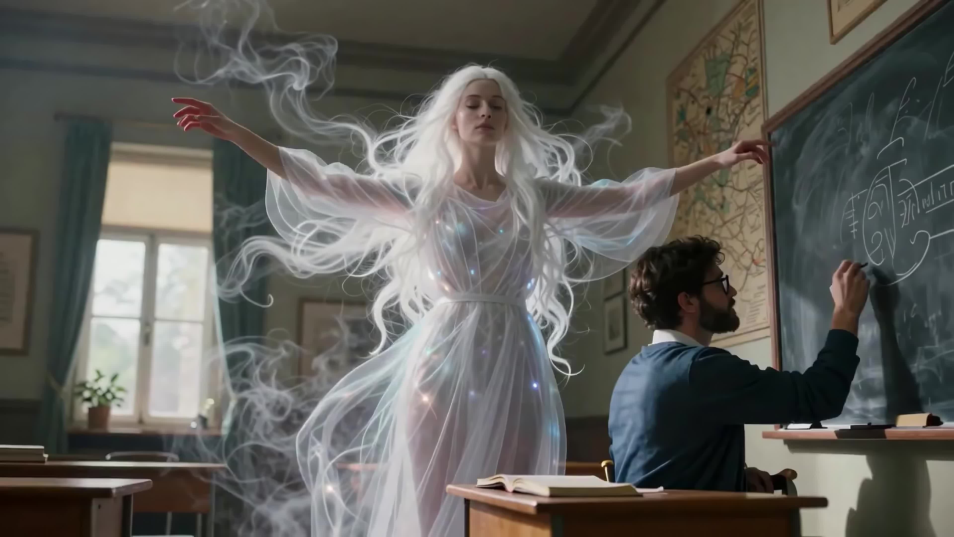 4K Video - A surreal classroom where an ethereal woman with flowing white hair and sparkling starlight woven into her gown dances gracefully amidst rows of wooden desks.