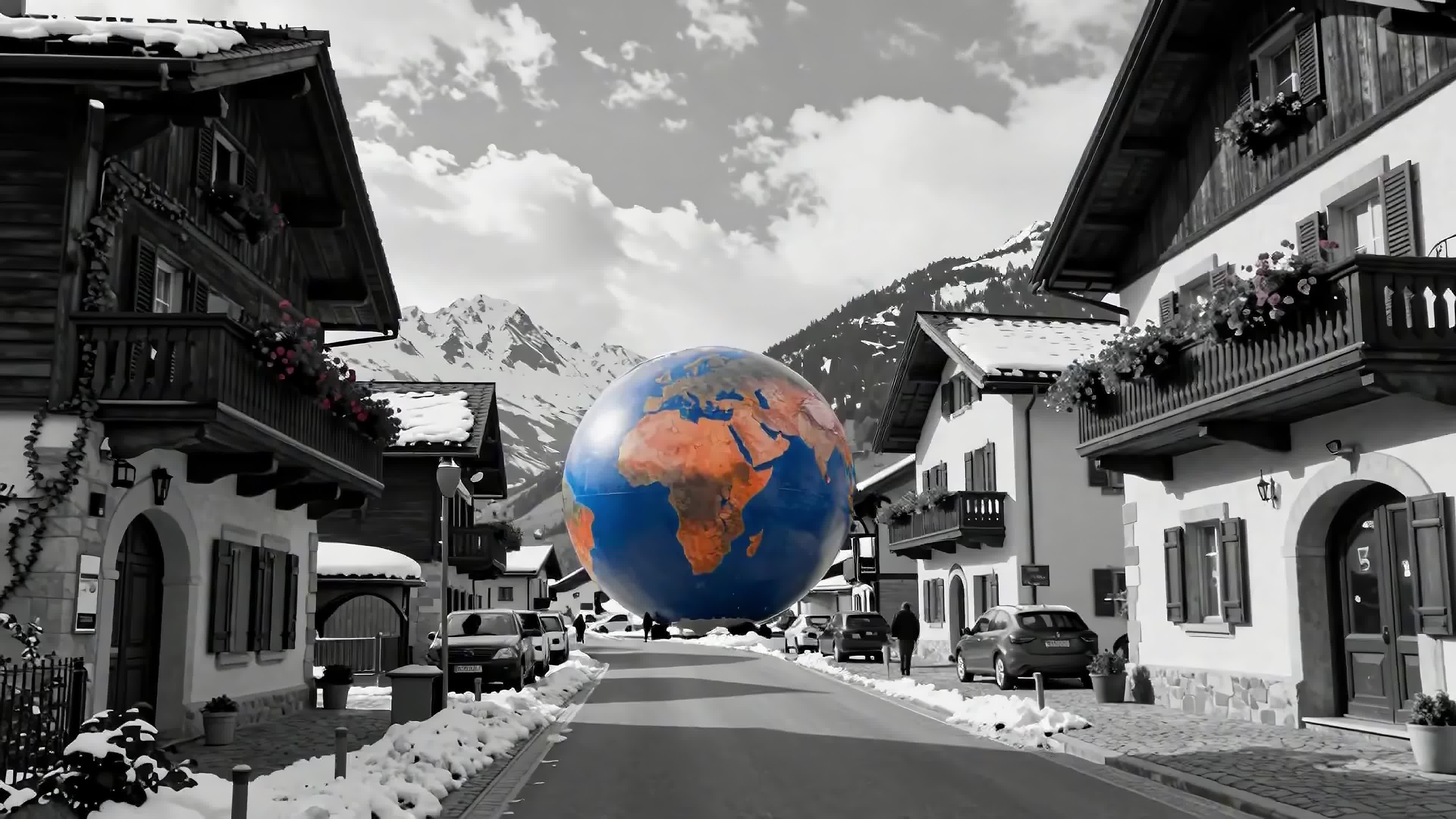 4K Video - Giant Earth globe magically hovering over picturesque snowy European mountain village streets during festive season.