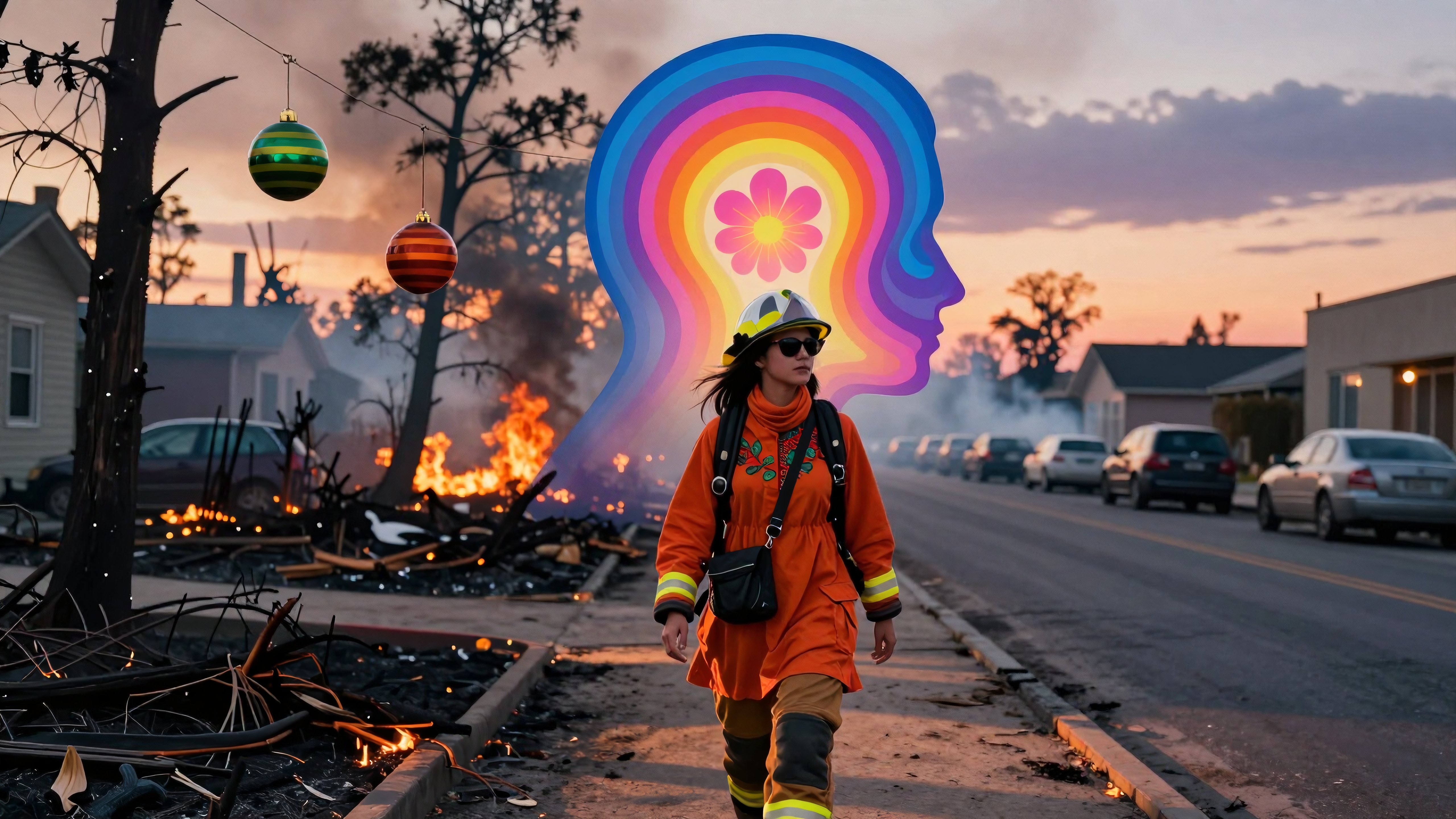 Firefighter Amid Community Destruction with Vibrant Rainbow Symbolism