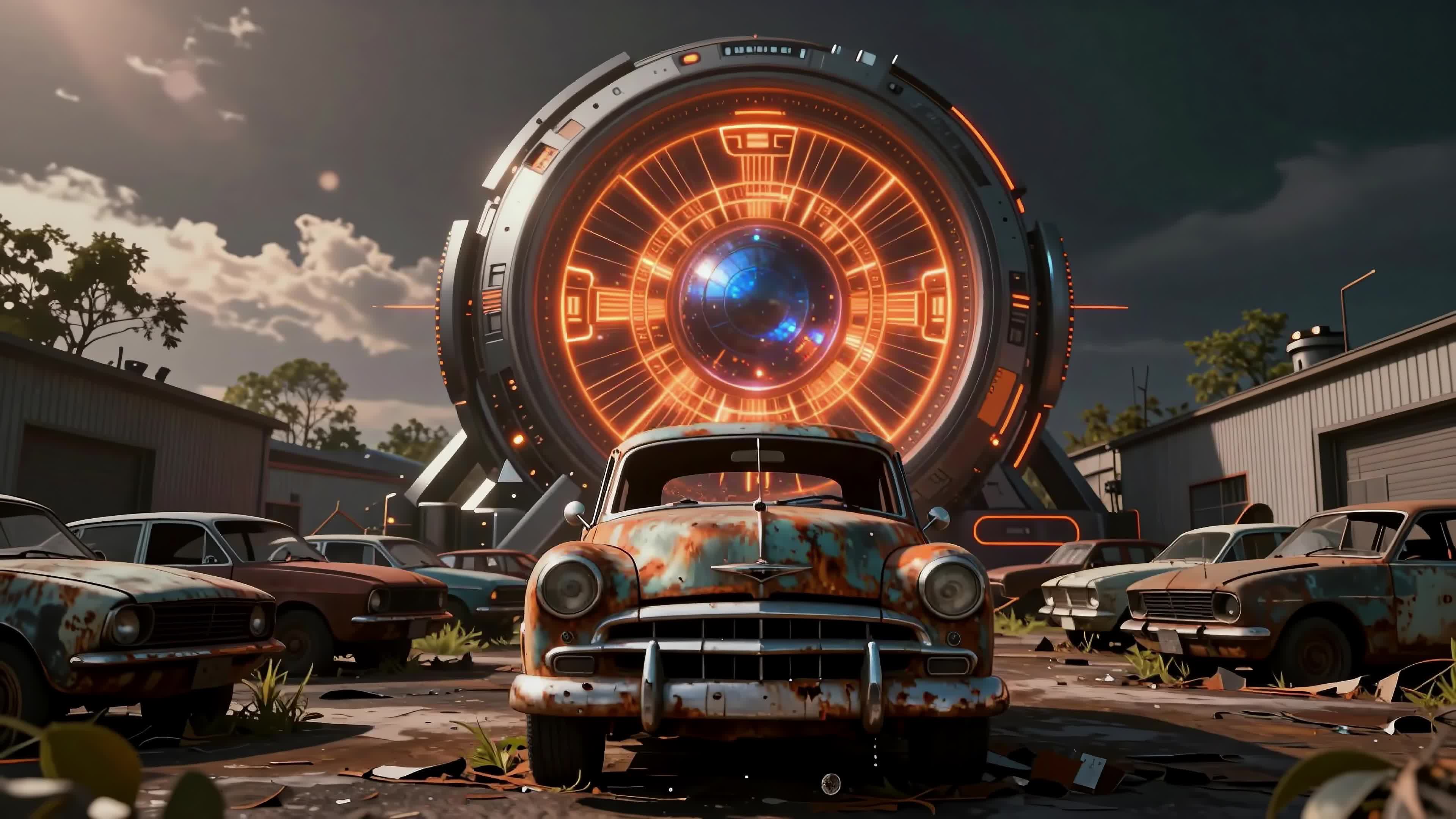 4K Video - Vintage car facing massive glowing sci-fi portal amidst rusty junkyard under twilight skies.