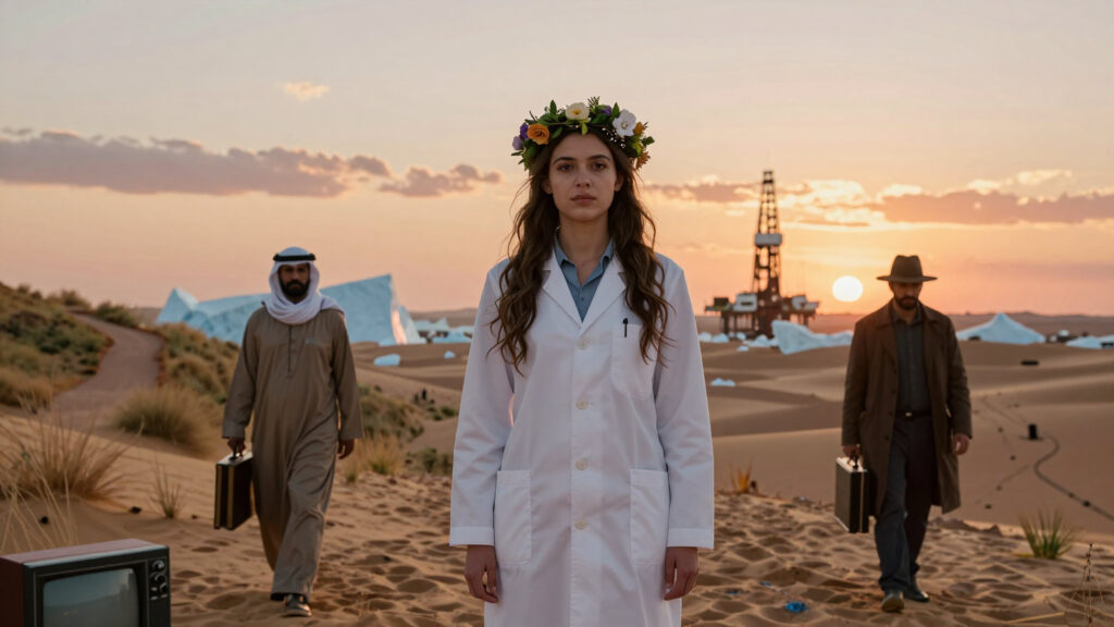 Surreal Desert Scene with Diverse Figures at Sunset