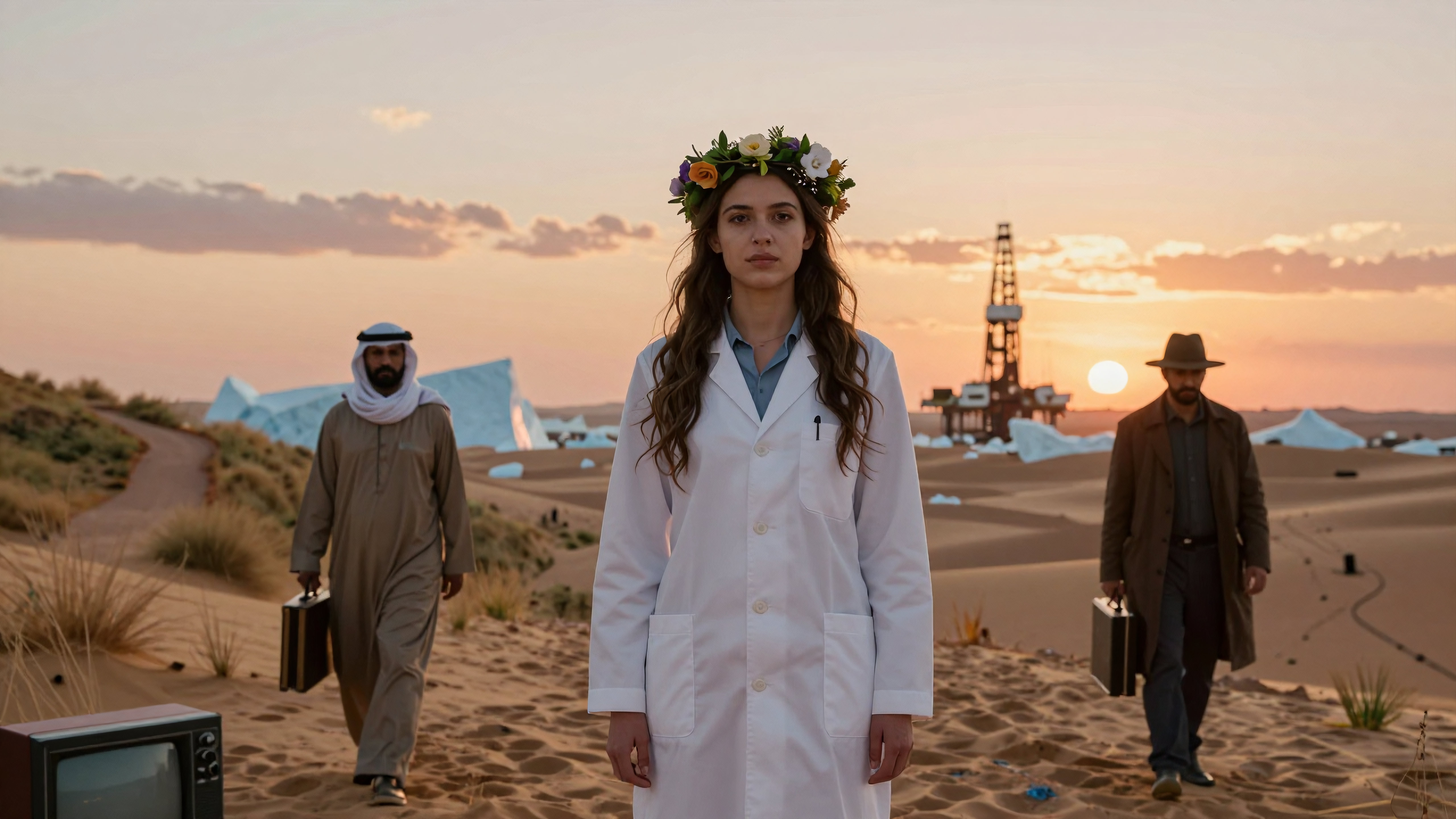 Surreal Desert Scene with Diverse Figures at Sunset