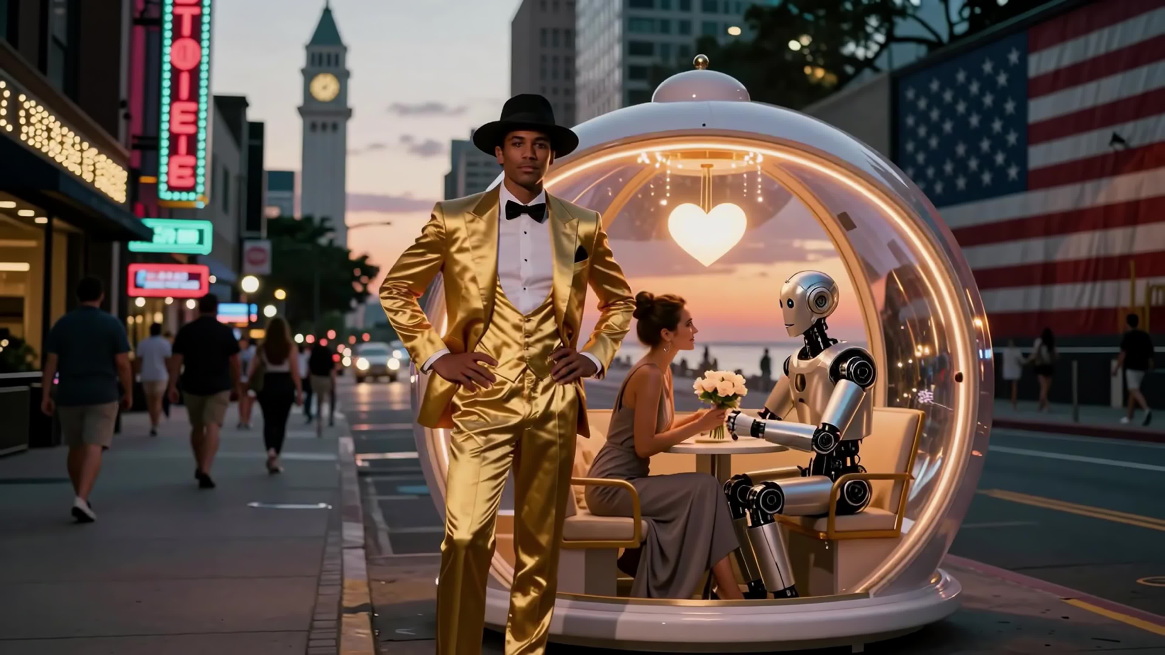 4K Video - A man dressed in a gold tuxedo stands beside a futuristic bubble café where romance unfolds between a woman and her robotic companion.