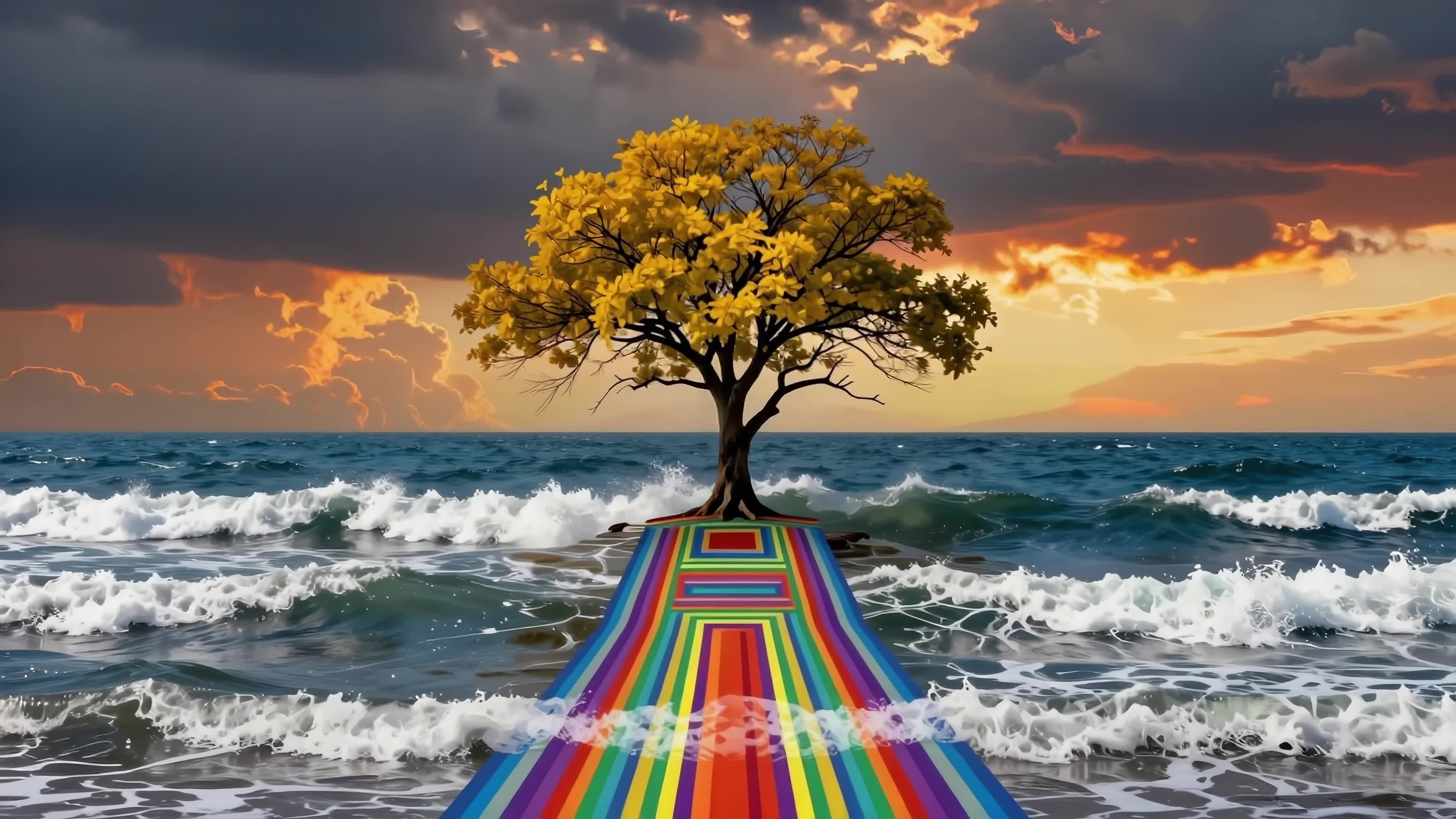 4K Video - A solitary golden tree stands on a vibrant rainbow bridge amidst wild ocean waves beneath a dramatic sunset-storm sky.