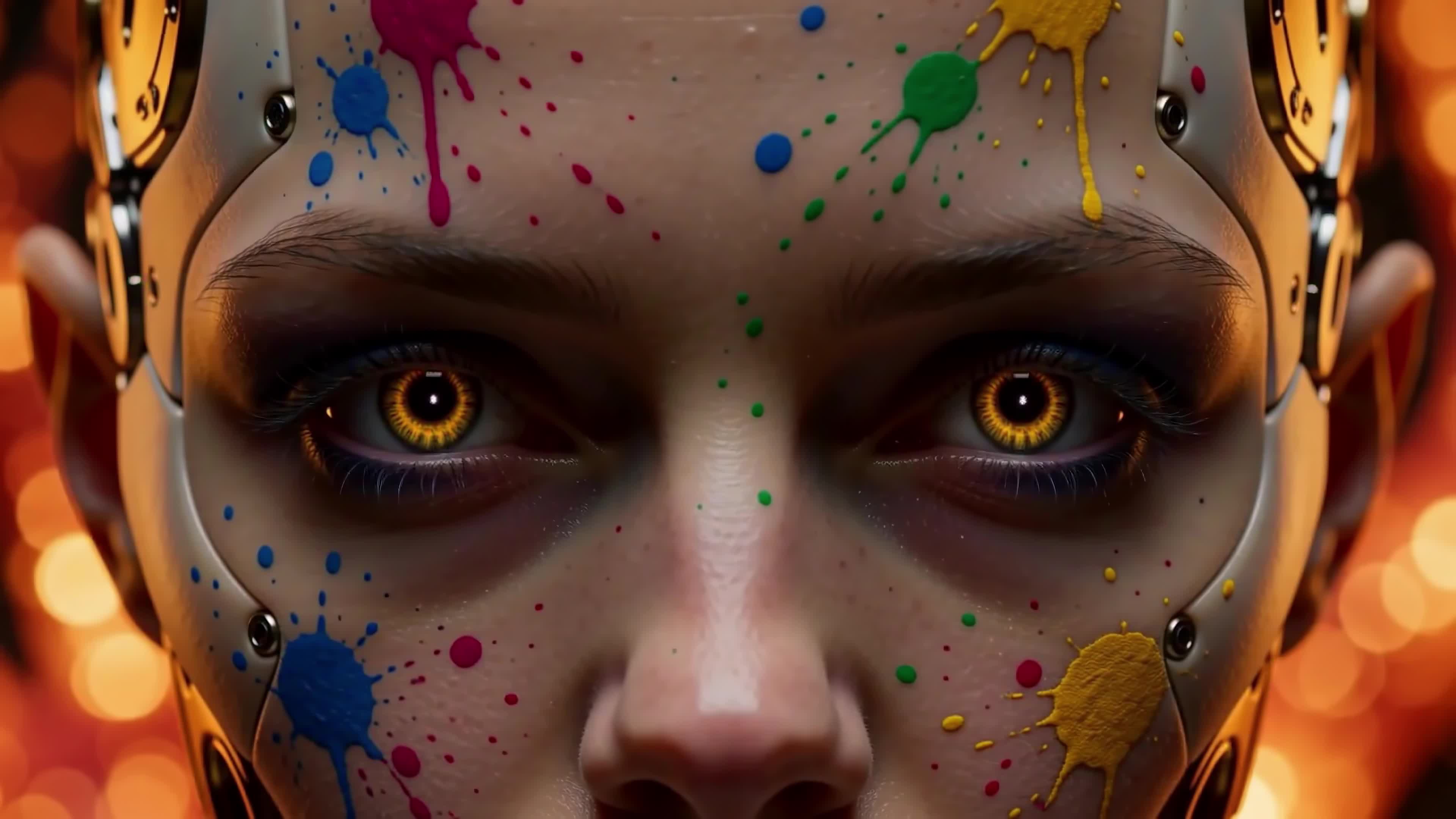 4K Video - A cybernetically enhanced woman adorned with colorful paint splashes smokes a cigarette amidst vivid neon signage in a dark-future metropolis.
