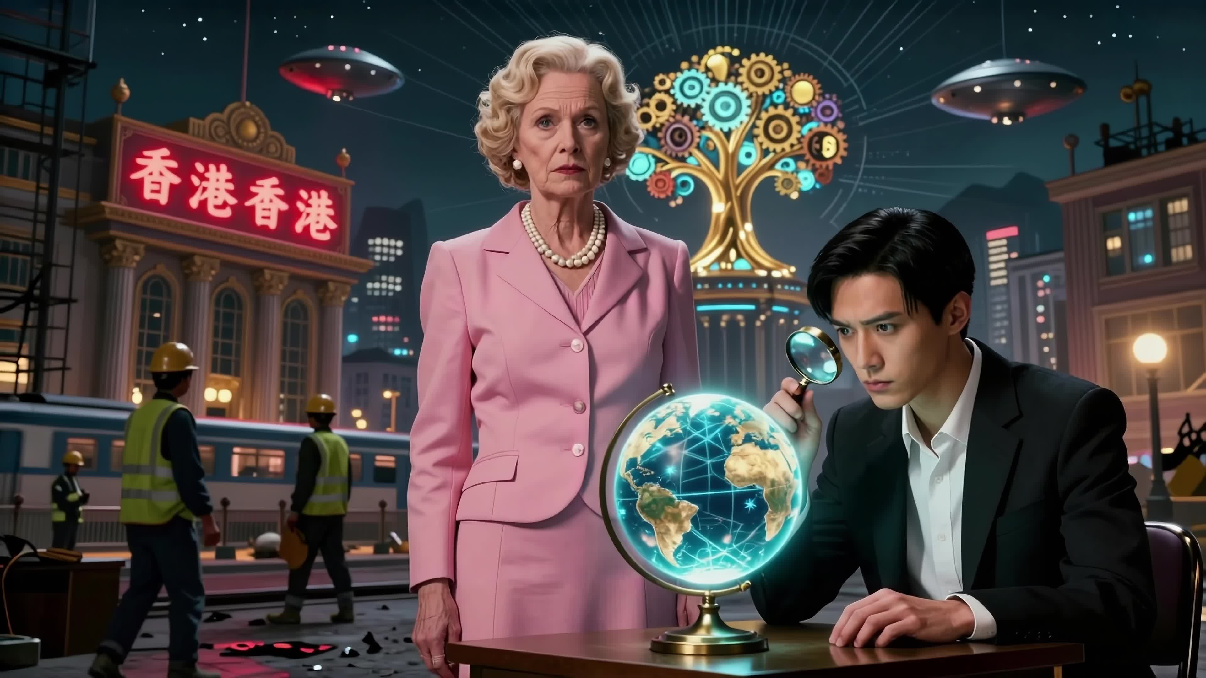 4K Video - Elderly fashionista discovers quantum secrets alongside tech-savvy guide amidst neon-lit Hong Kong skyline filled with UFOs and mechanical wonders.