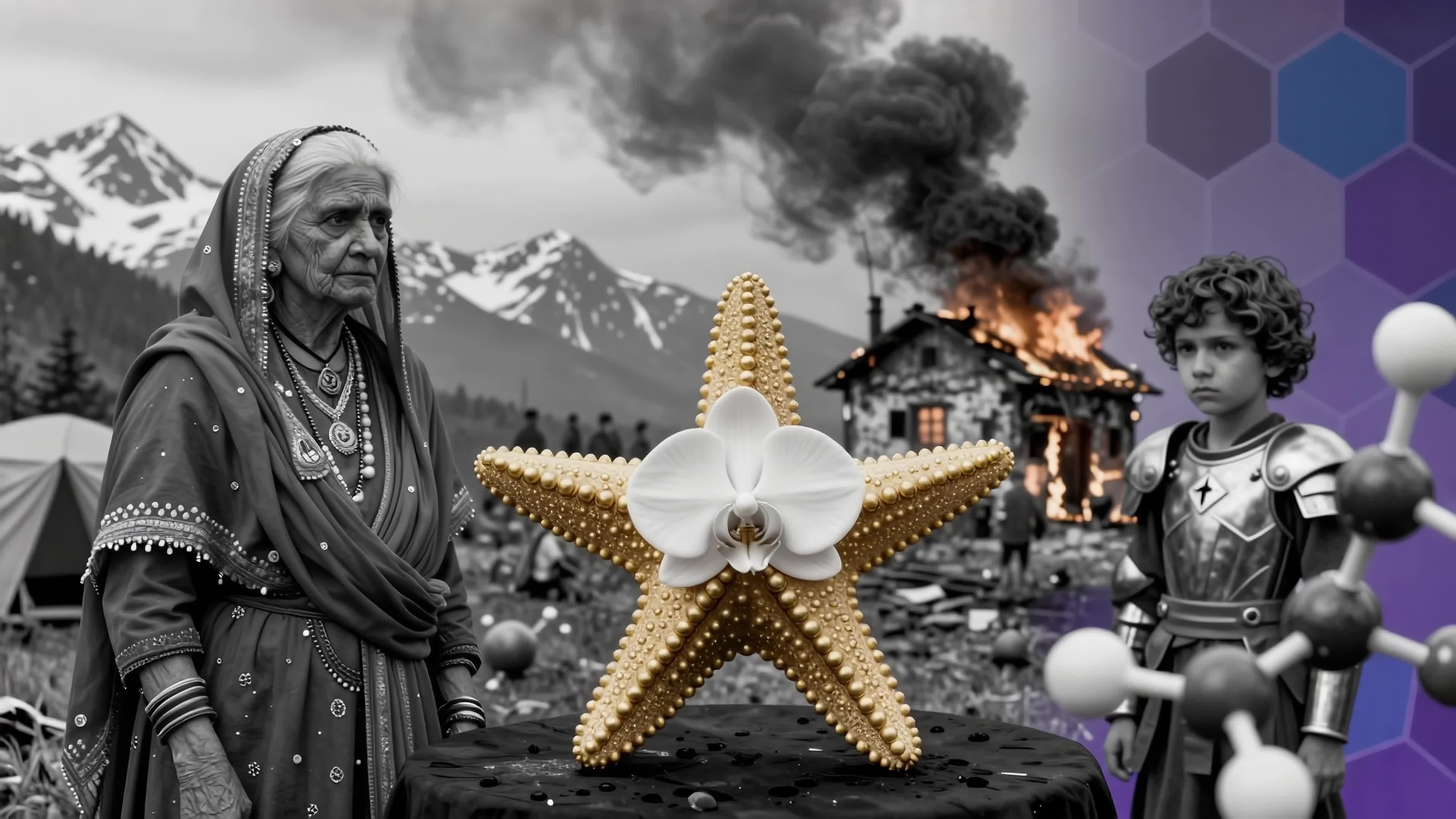 4K Video - Surreal collage featuring warrior child, aging mystic, flaming cottage, glowing starfish, scientific molecules, mountainous backdrop, vintage attire, modern fantasy fusion.