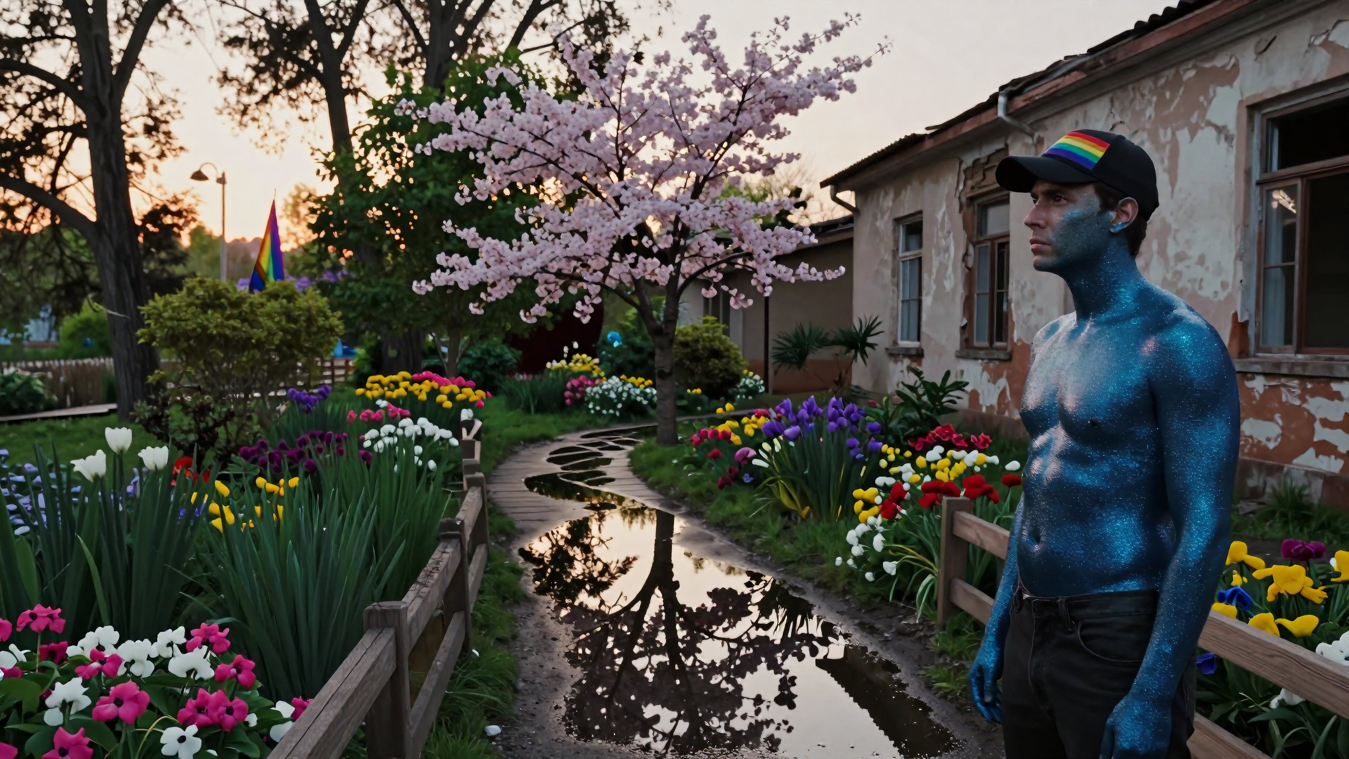 Blue Body Painted Man with Rainbow Hat in Flower Garden at Dusk
