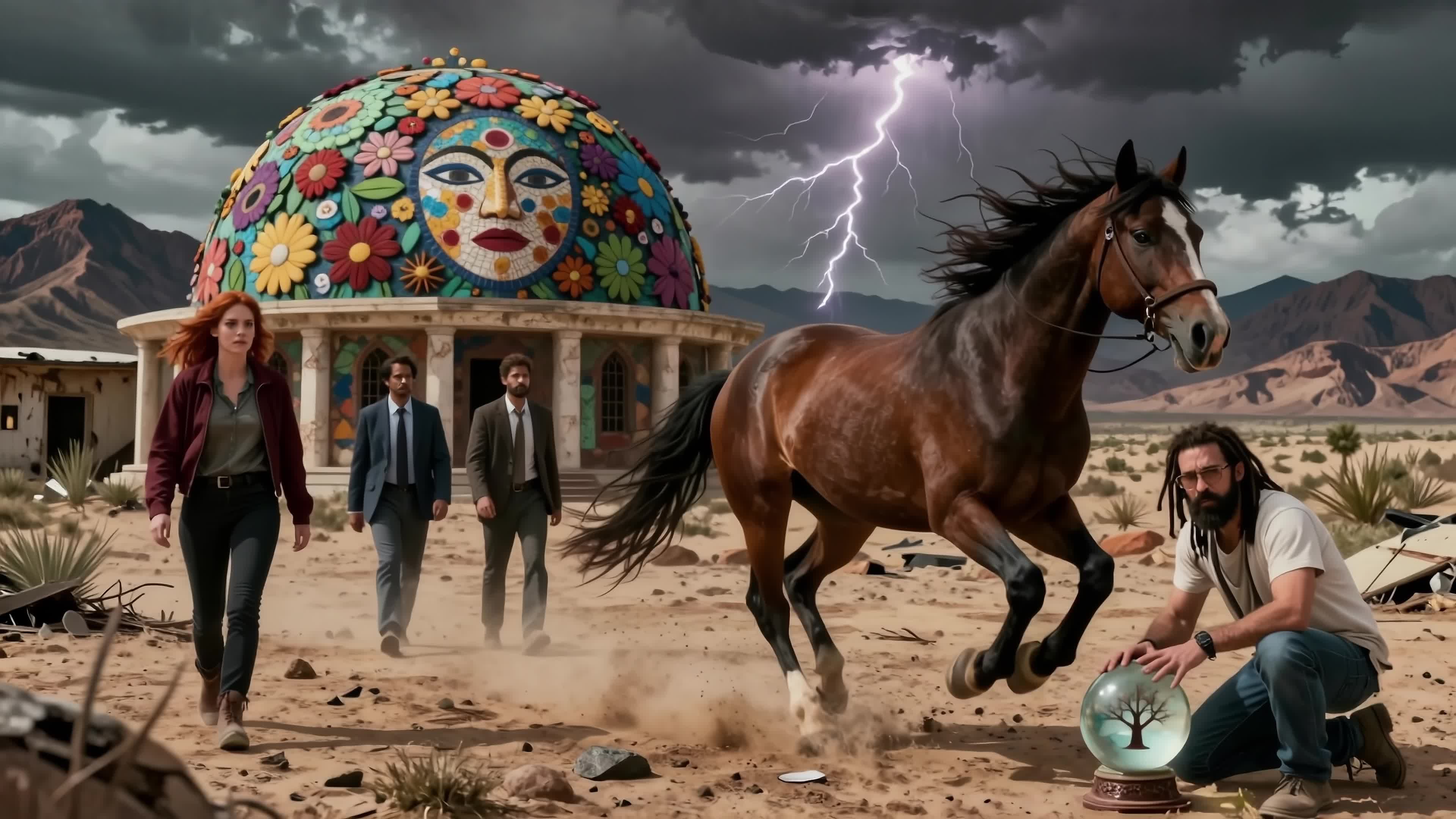 4K Video - Fantasy scene featuring horse, stormy skies, colorful flower-dome, kneeling man holding glass orb, two suited men walking forward in desert landscape.