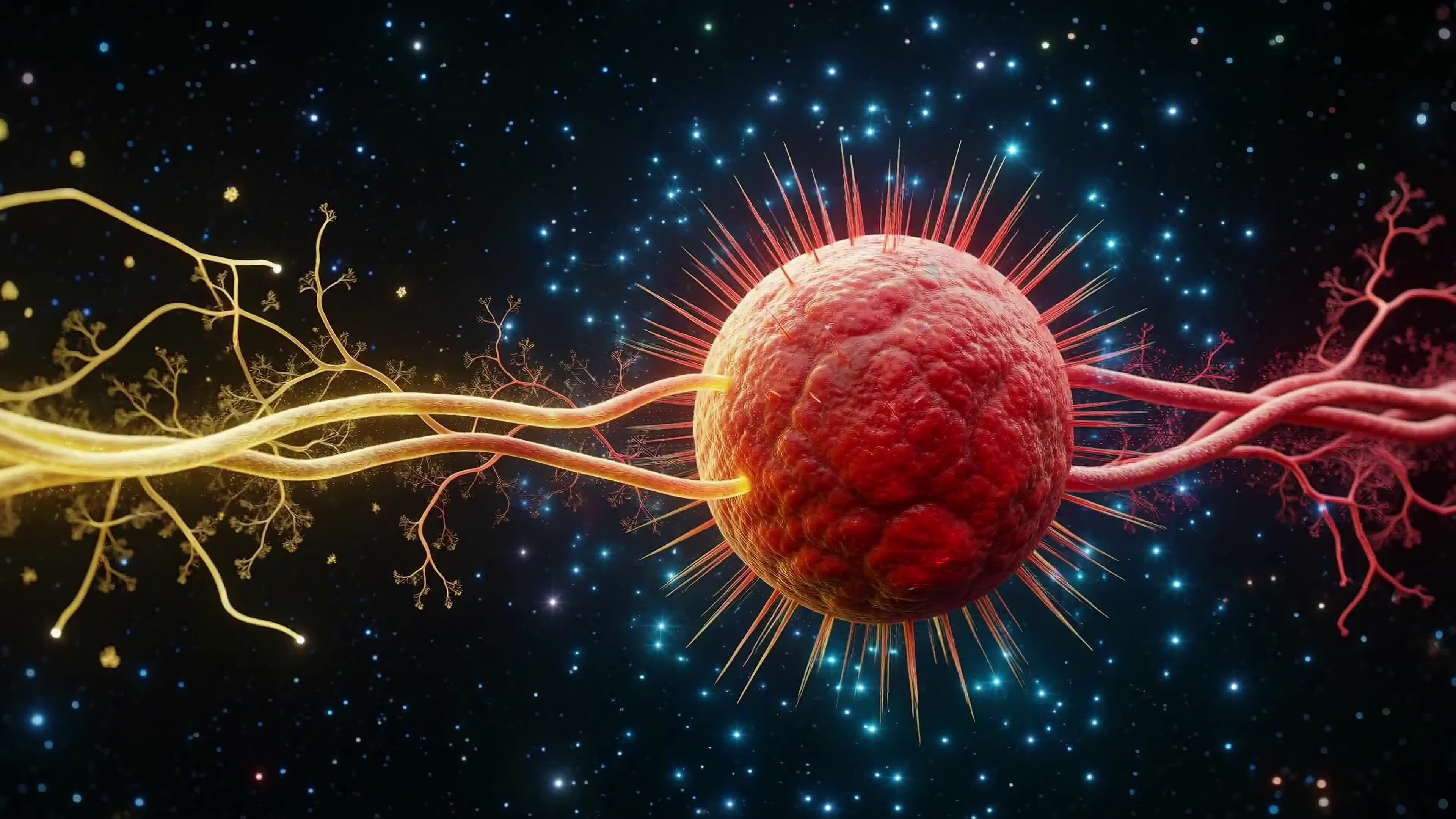 4K Video - Celestial Cells Merging Amidst Starry Neural Networks – Sci-Fi Art Concept.
