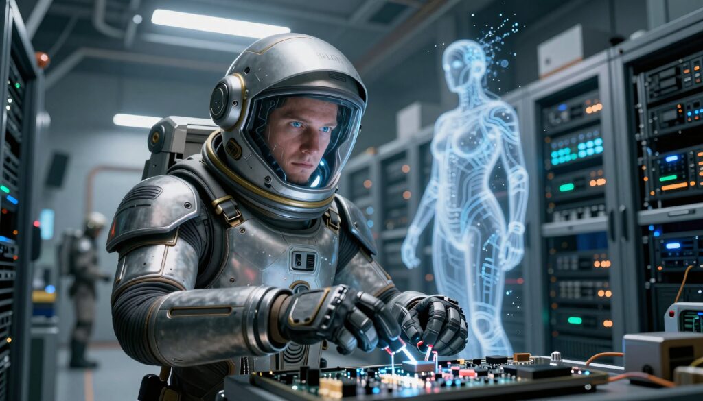 Astronaut Repairs Circuitry in Futuristic Tech Lab with Holographic Human Model