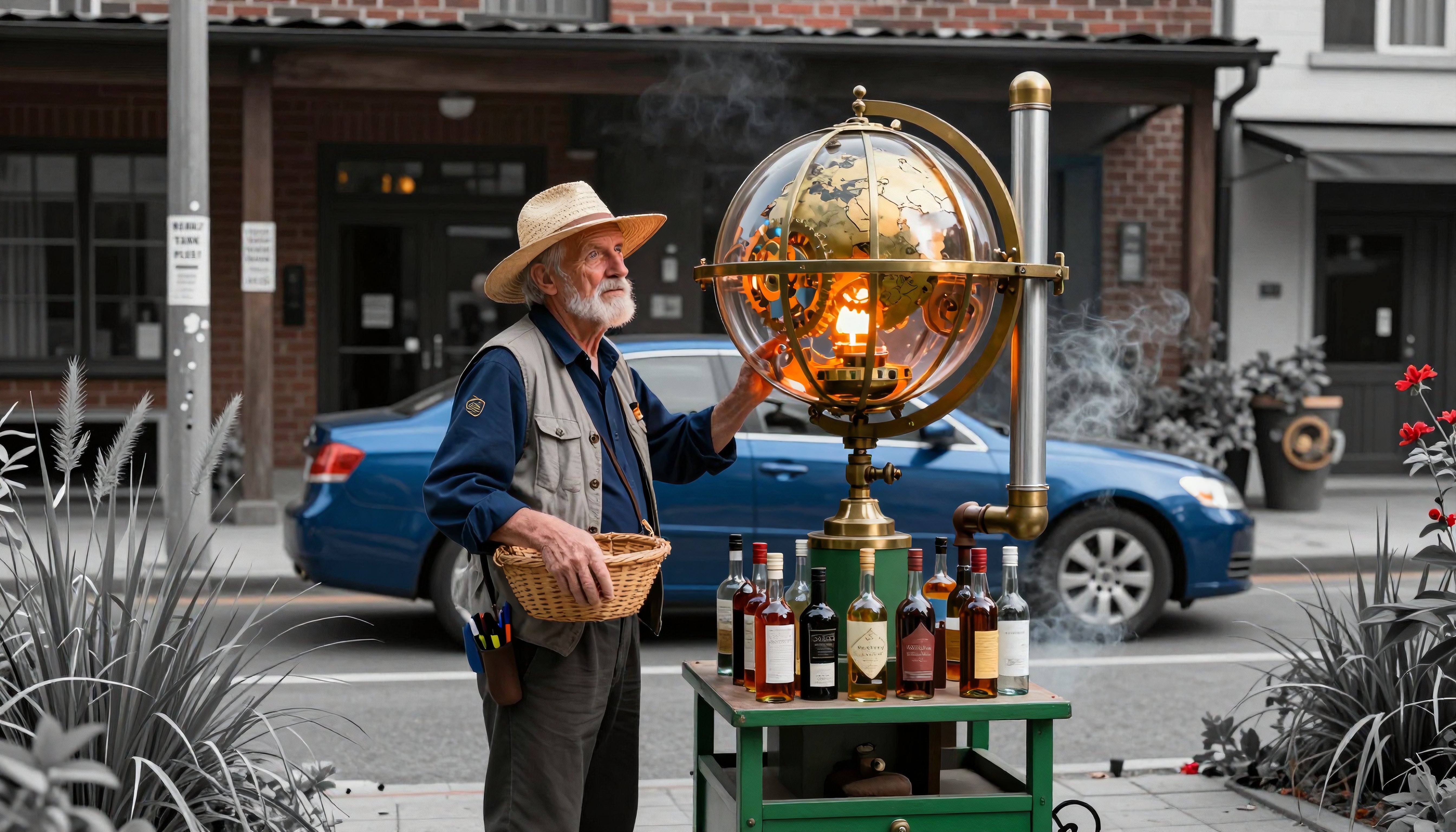Vintage street vendor with illuminated brass globe and spirits display