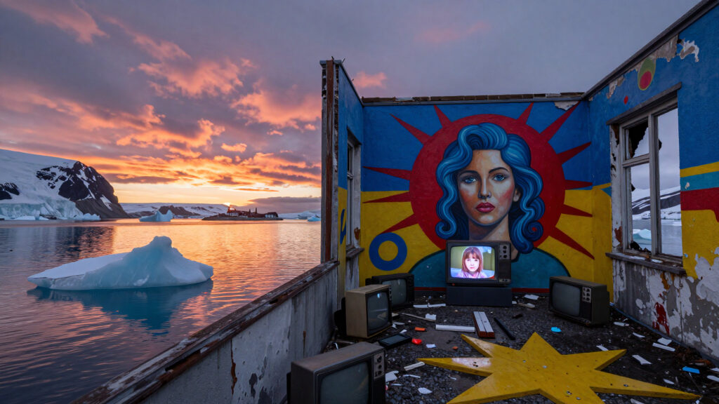 Vibrant Mural Against Antarctic Sunset with Vintage TVs and Icebergs