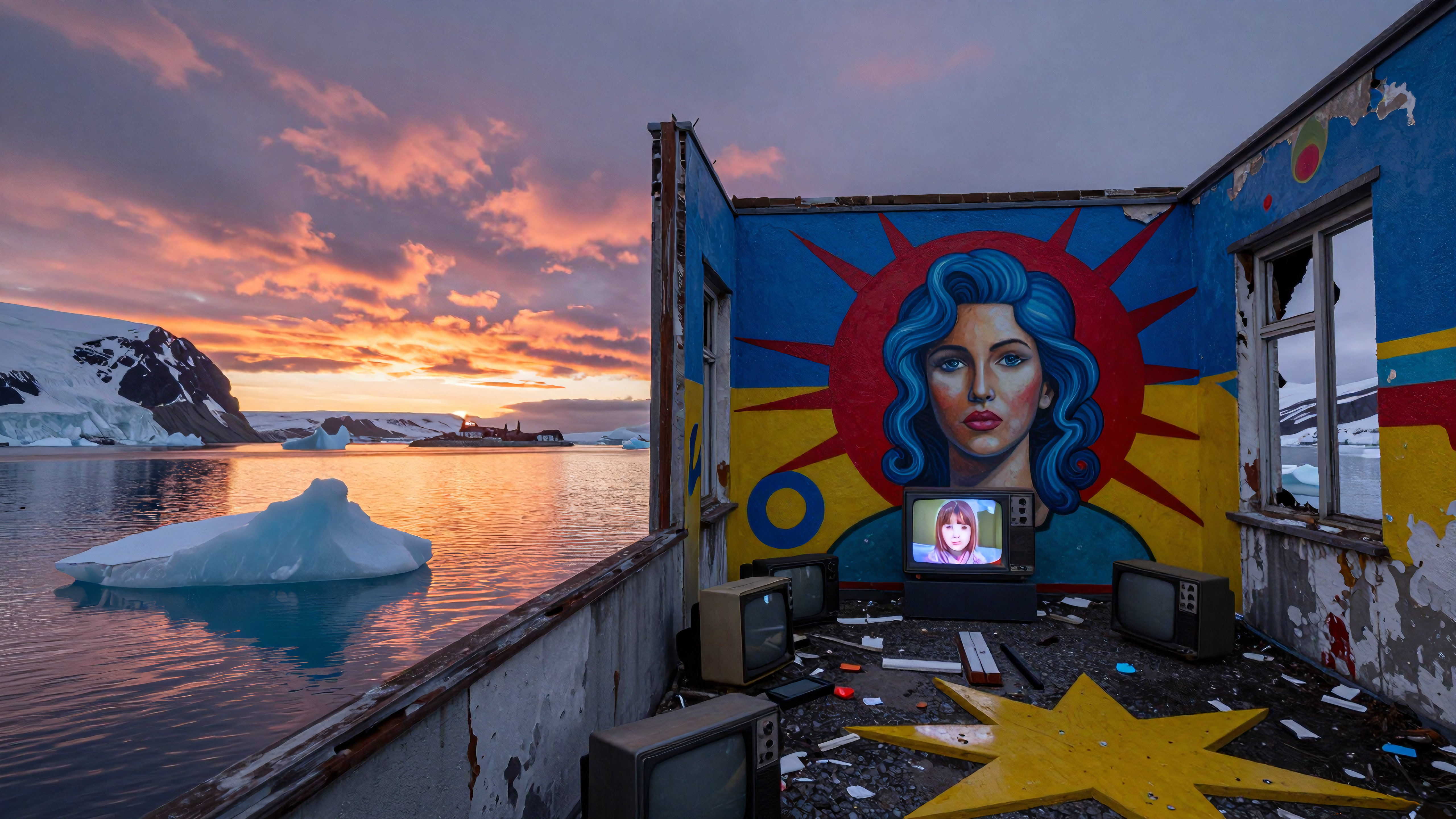 Vibrant Mural Against Antarctic Sunset with Vintage TVs and Icebergs