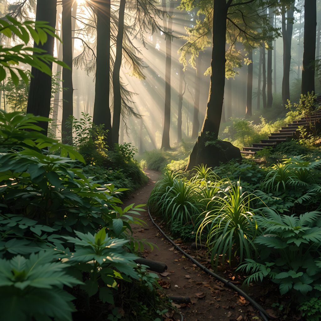 Sunlit Forest Path with Misty Rays and Lush Greenery