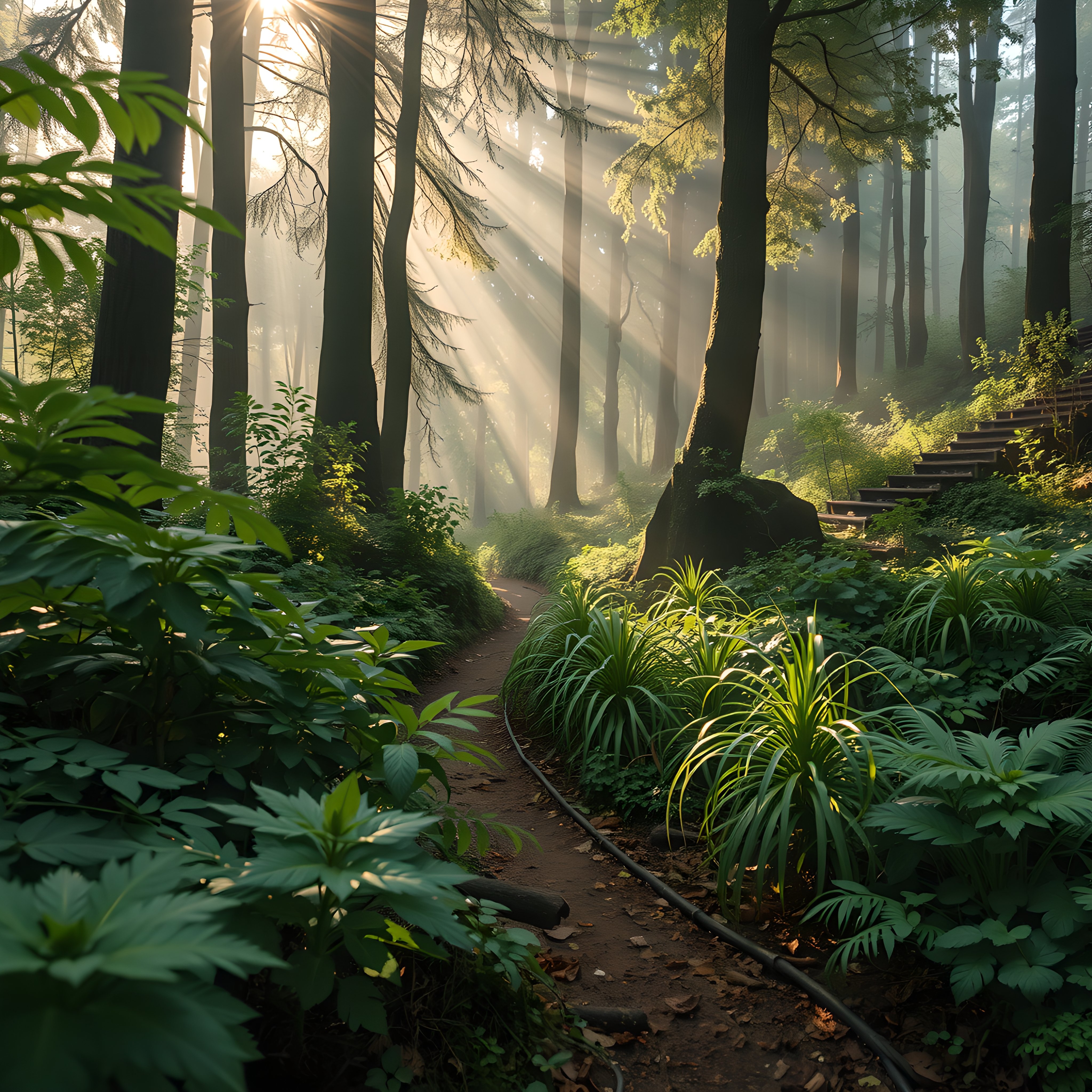 Sunlit Forest Path with Misty Rays and Lush Greenery