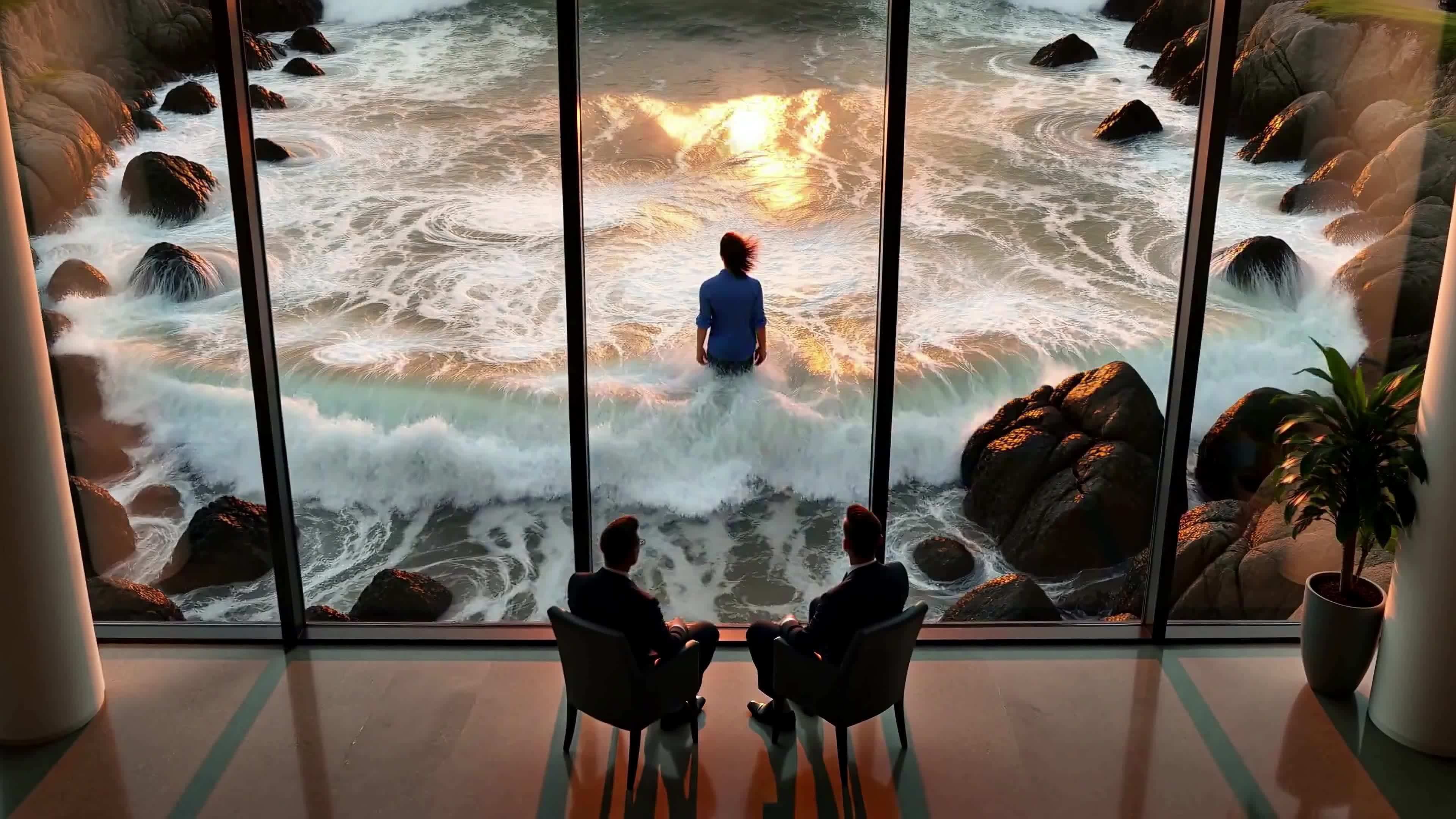 4K Video - A person stands immersed in ocean waves during sunset viewed through large windows while two observers watch from inside a luxurious contemporary building overlooking cliffs and crashing waters.