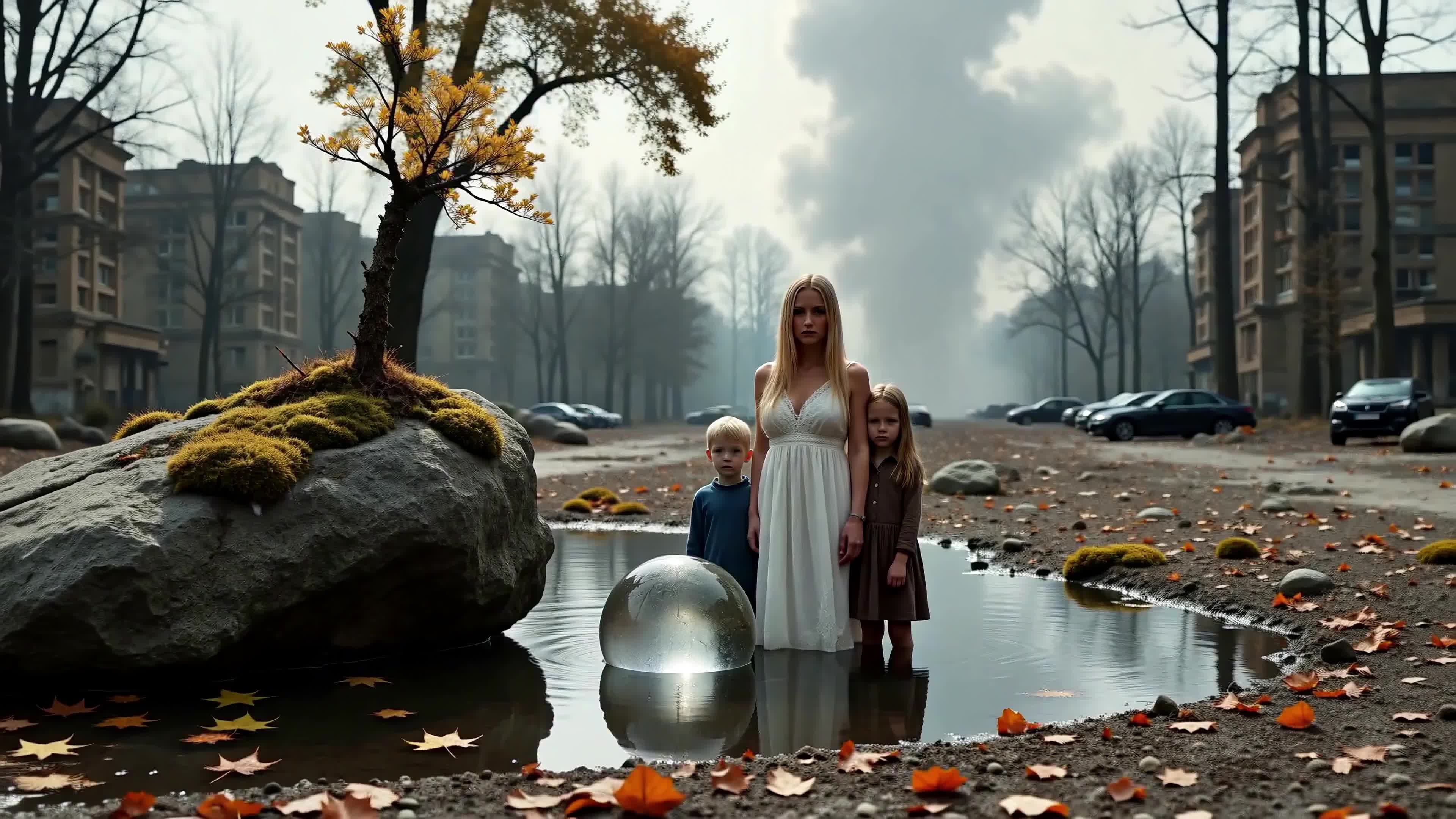 4K Video - A family stands near a reflective glass sphere amid falling autumn leaves on a desolate urban street under hazy sunlight.