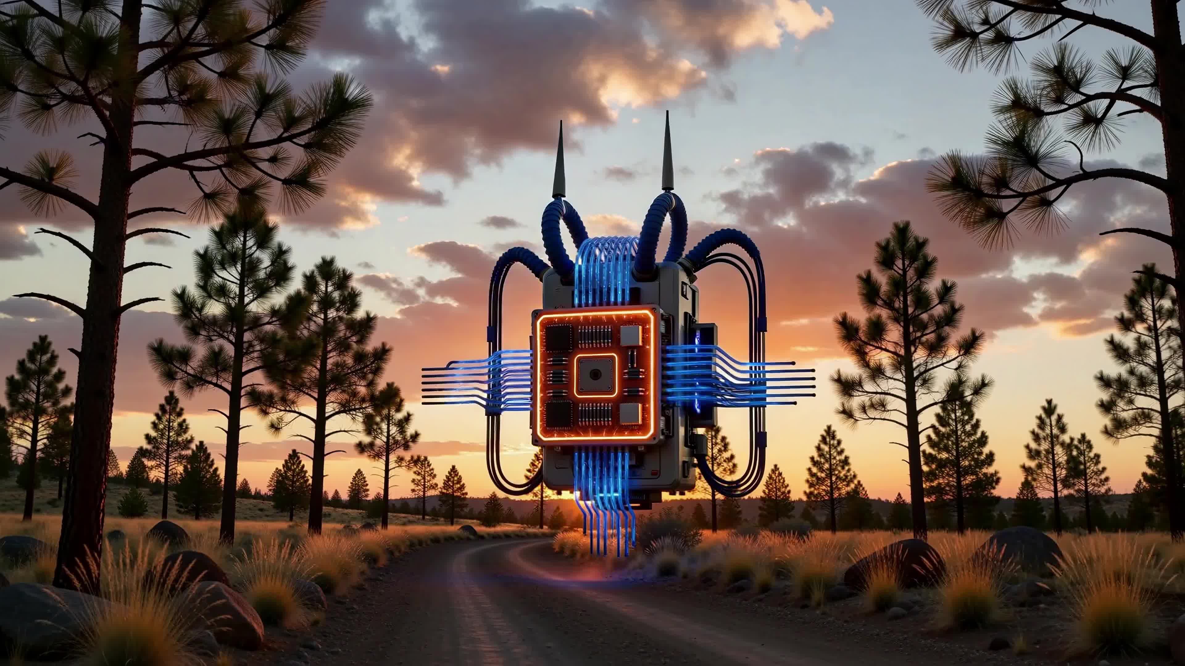 4K Video - Enormous floating microchip over sunlit forest pathway surrounded by tall pines and dramatic skies.