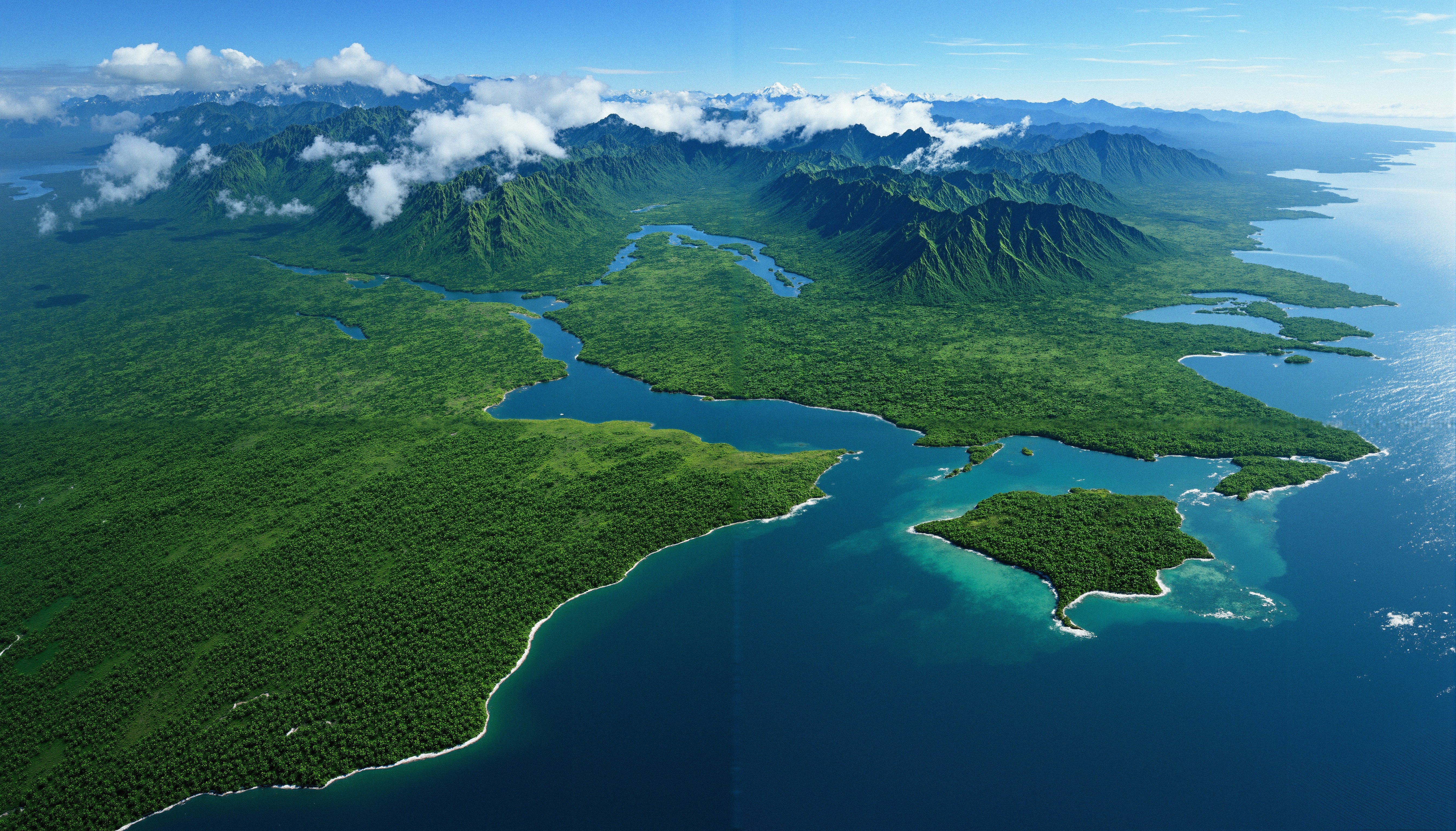 Lush Tropical Island Landscape with Mountainous Interior and Coastal Waters