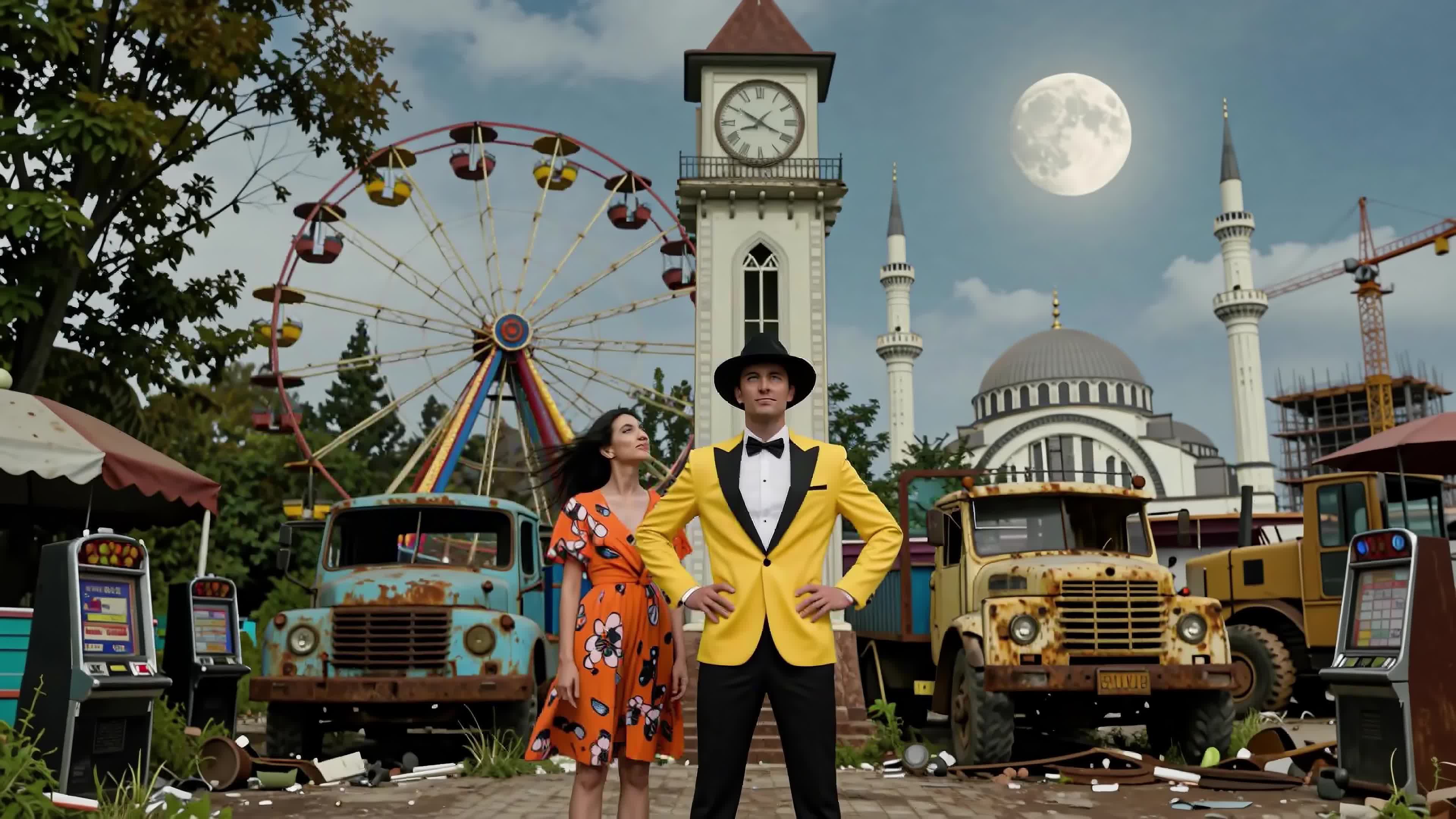 4K Video - Romantic couple standing amidst surreal mix of ferris wheel, rusty trucks, clock tower, mosque, and moonlit night scenery blending vintage charm with futuristic decay.