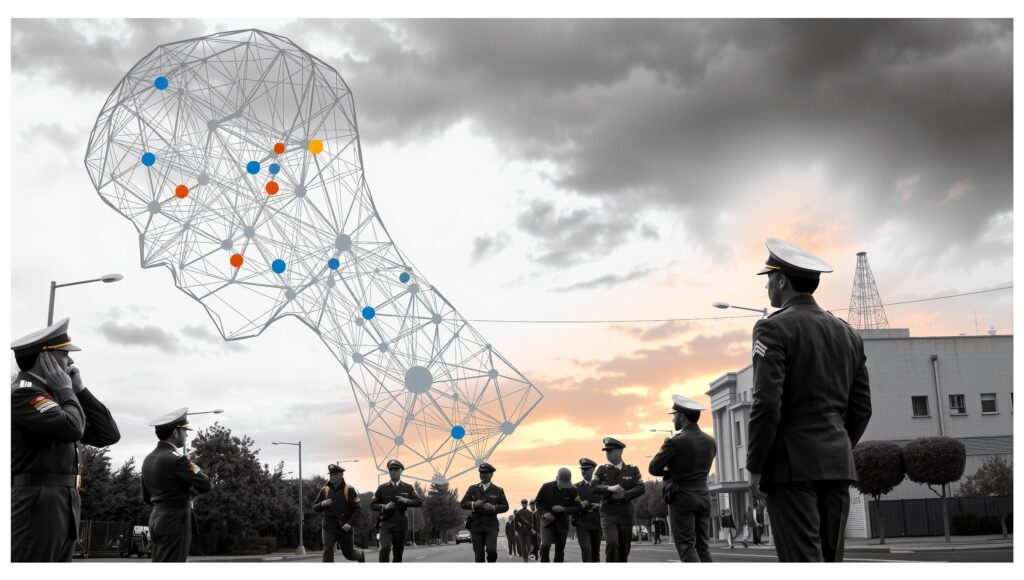 Military Personnel Observing Digital Brain Structure in Urban Setting