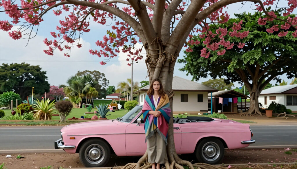 Woman in Scarf Standing by Pink Classic Car Under Blossoming Tree