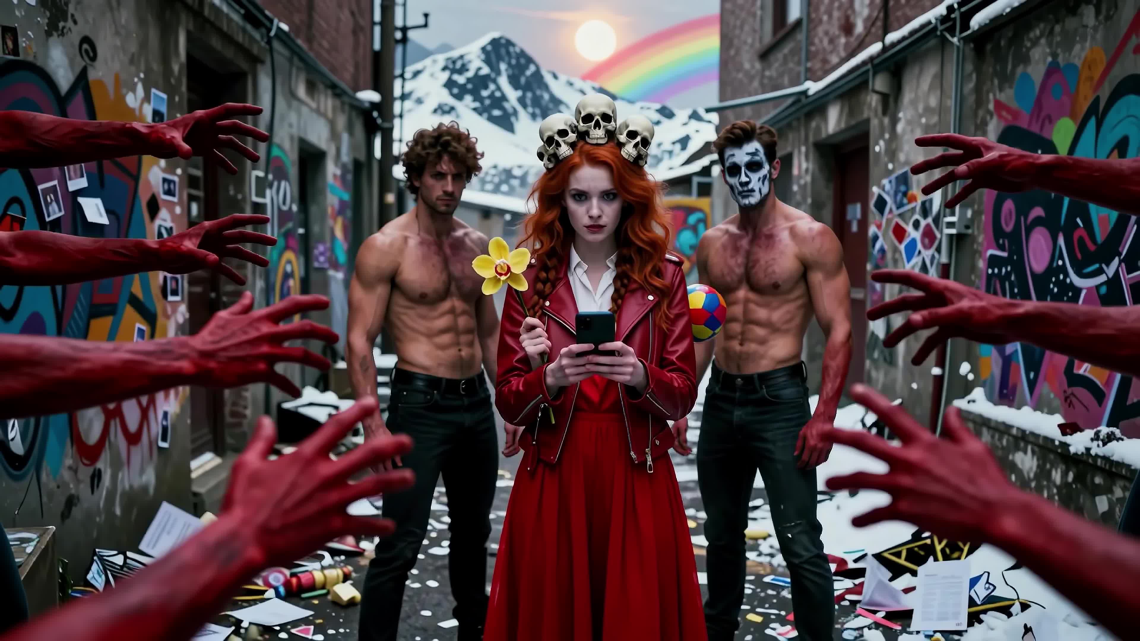 4K Video - Red haired queen wearing skull crown amidst graffiti alley with floating bloody hands holding phone.