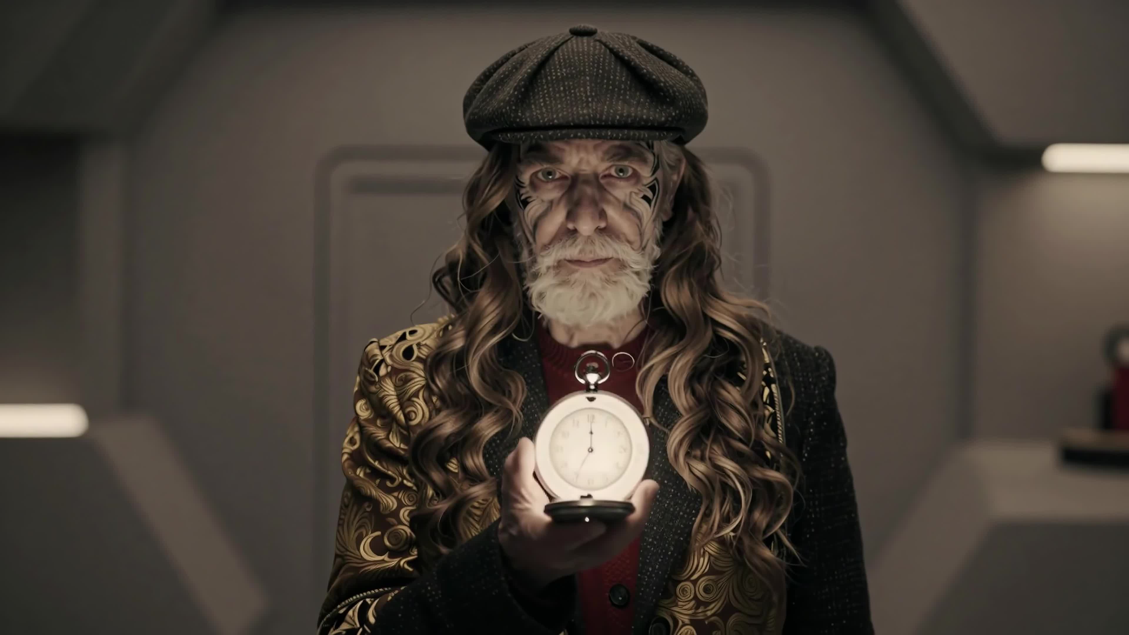 4K Video - Elderly scientist holding vintage pocket watch in sci-fi lab with dramatic lighting and intricate costume details.
