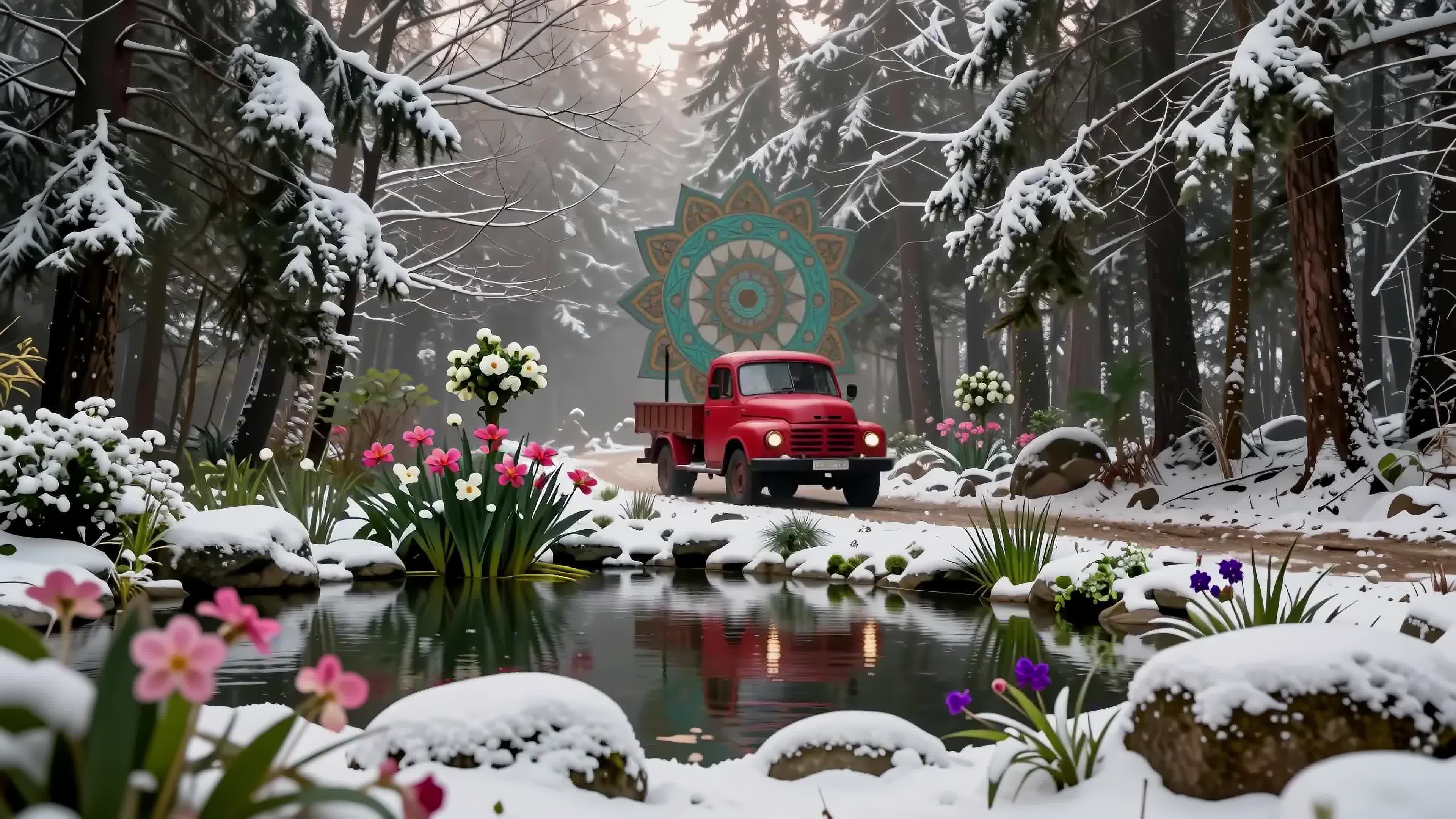 4K Video - Vintage red truck driving through snowy forest beside flowering plants near glowing mandala artwork.
