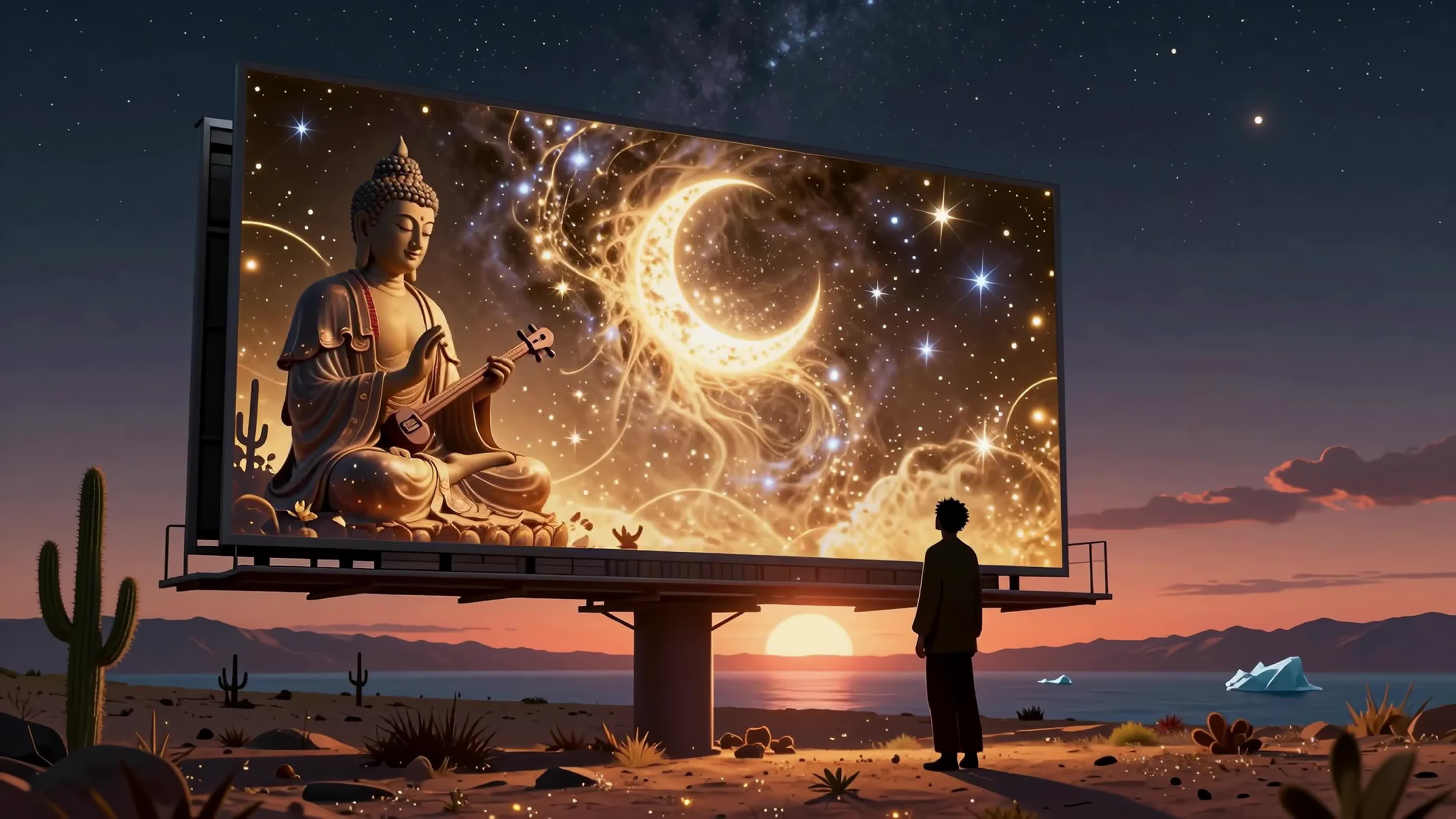 4K Video - Man gazes at giant screen showing Buddhist statue surrounded by cosmic elements against desert sunset backdrop.