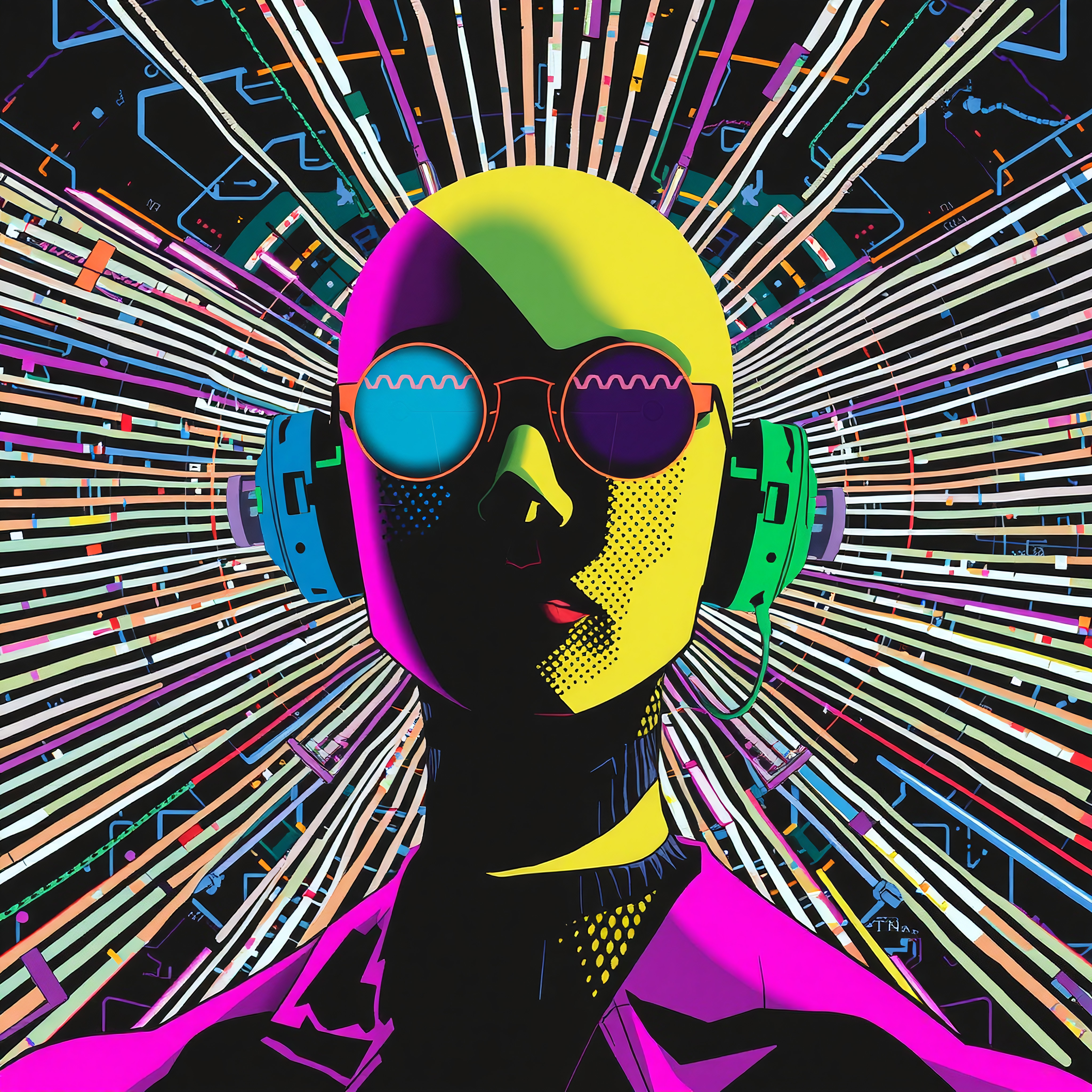Vibrant Digital Art Portrait with Headphones and Abstract Background