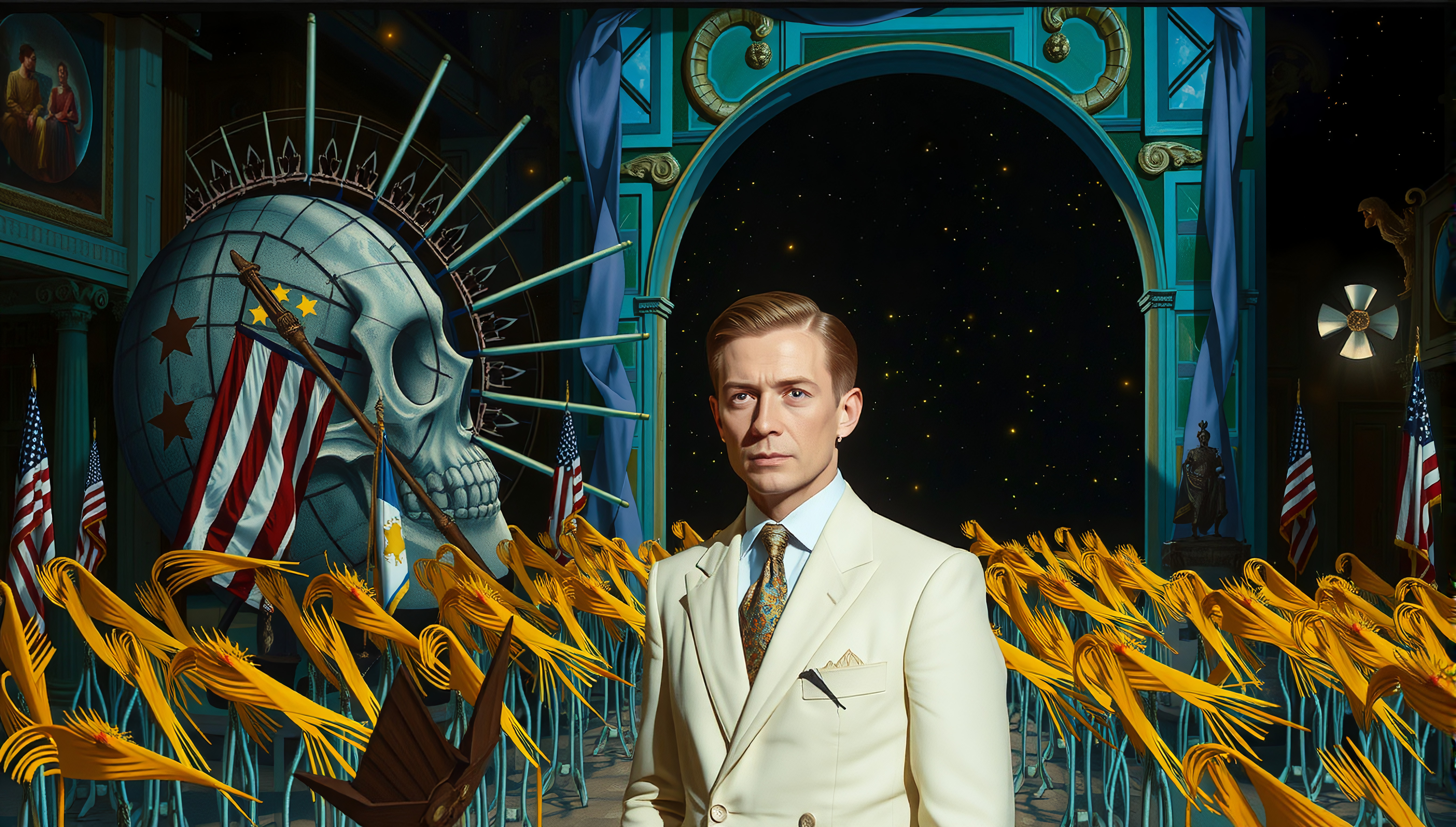 Elegant Man in Suit Against Symbolic Backdrop of Stars and American Flags