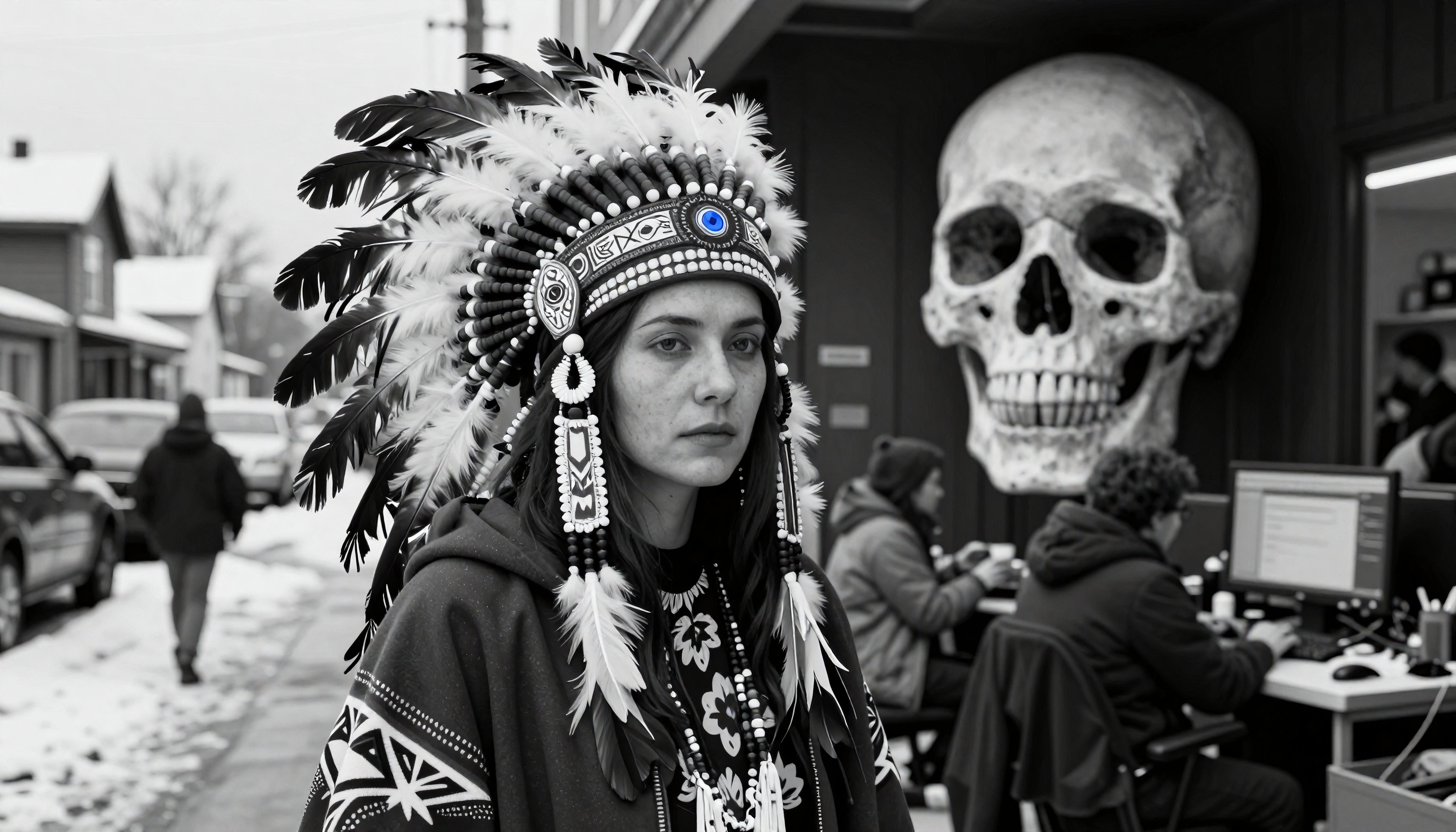 Indigenous Headdress and Skull in Urban Setting