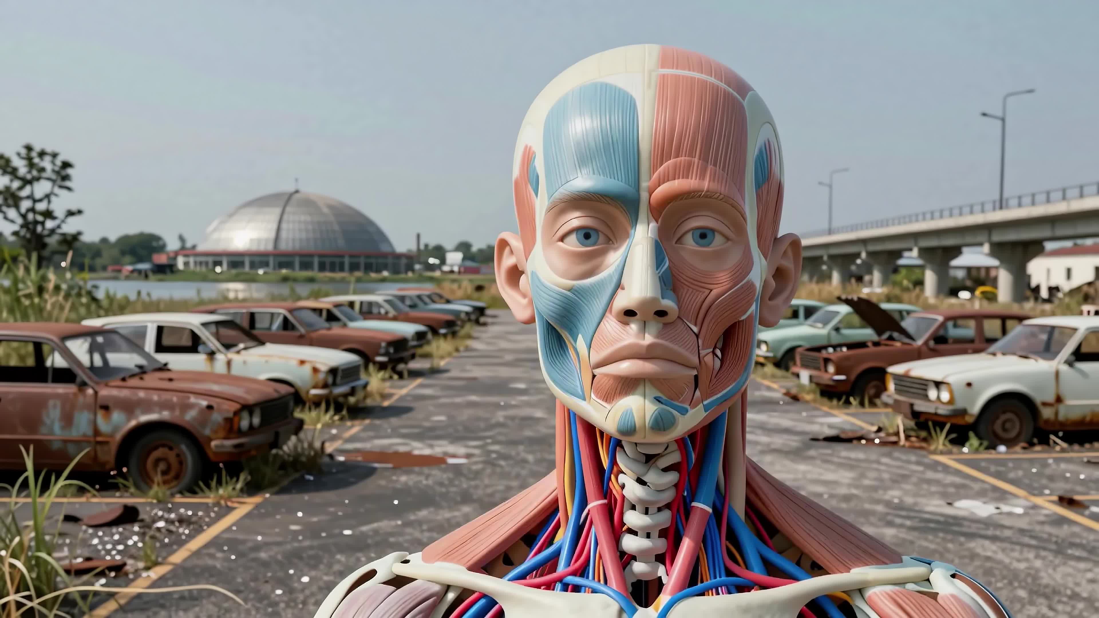 4K Video - Anatomically accurate humanoid sculpture standing among decaying vintage automobiles beneath elevated highways, blending medical illustration with urban decay aesthetics.