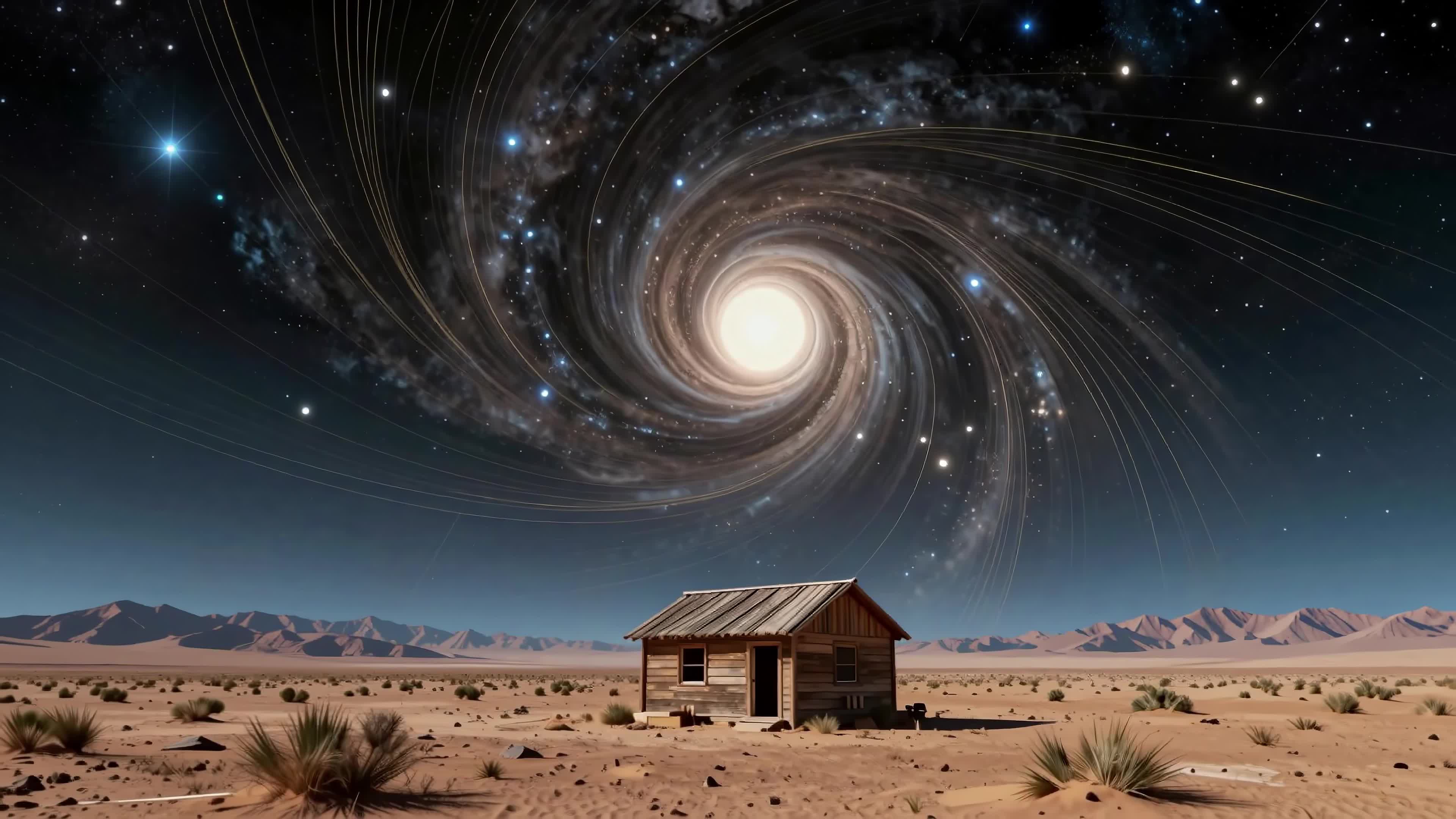 4K Video - A lonely cabin nestled under swirling galaxies in a barren desert landscape.