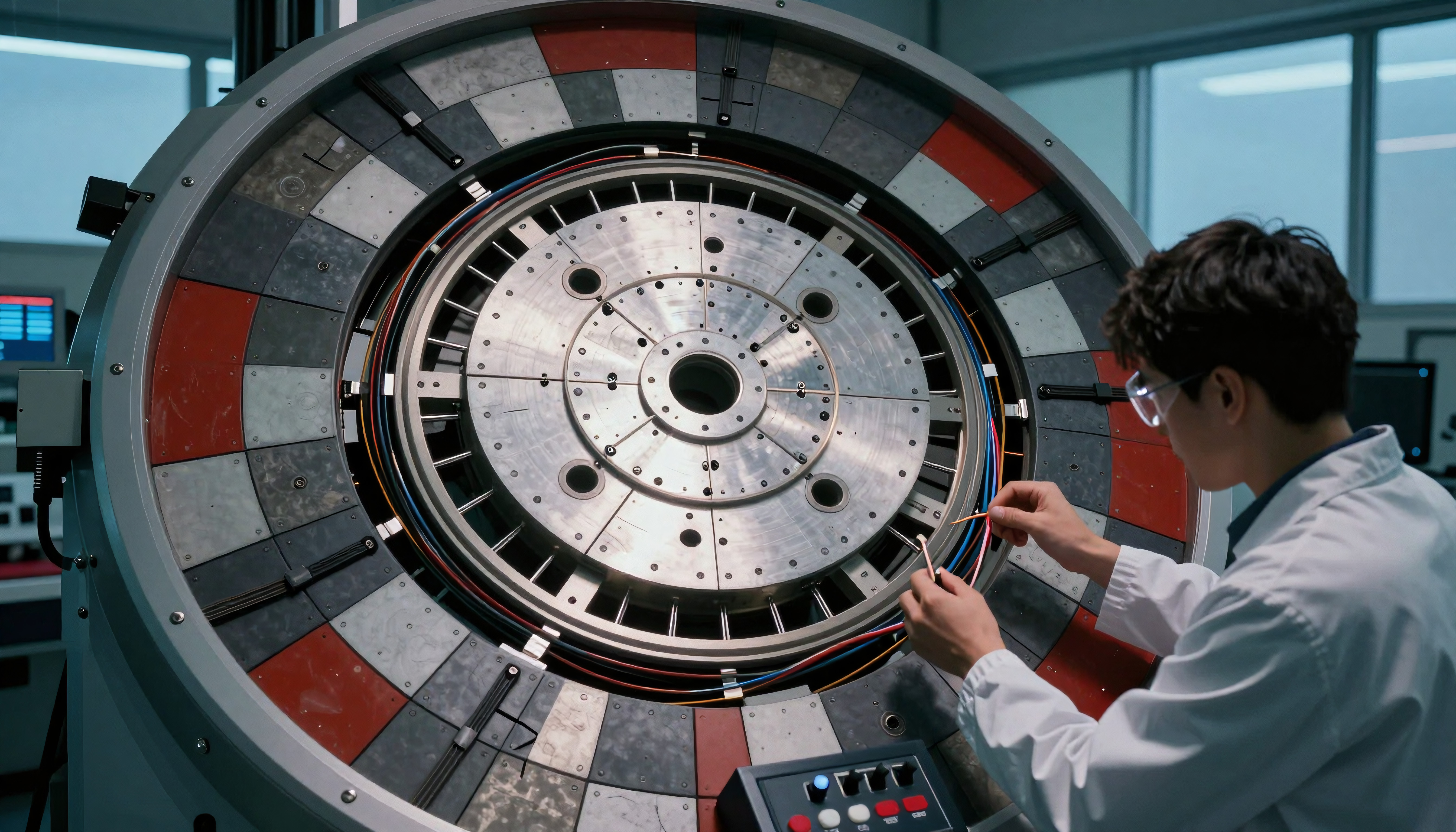Scientist Calibrating Advanced Circular Research Equipment