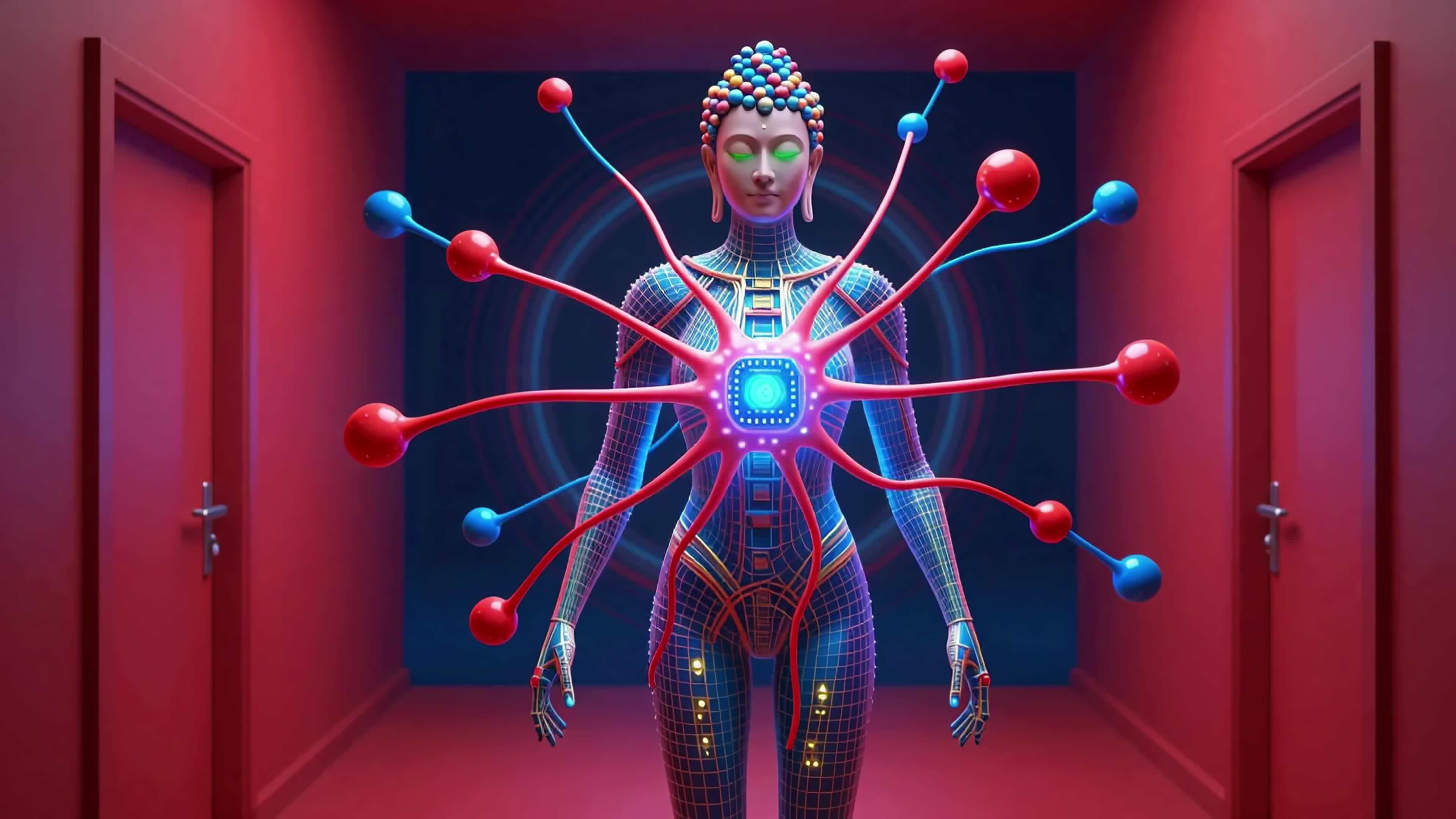 4K Video - Futuristic robot Buddha standing in neon-lit hallway with glowing neural connections and portal background.
