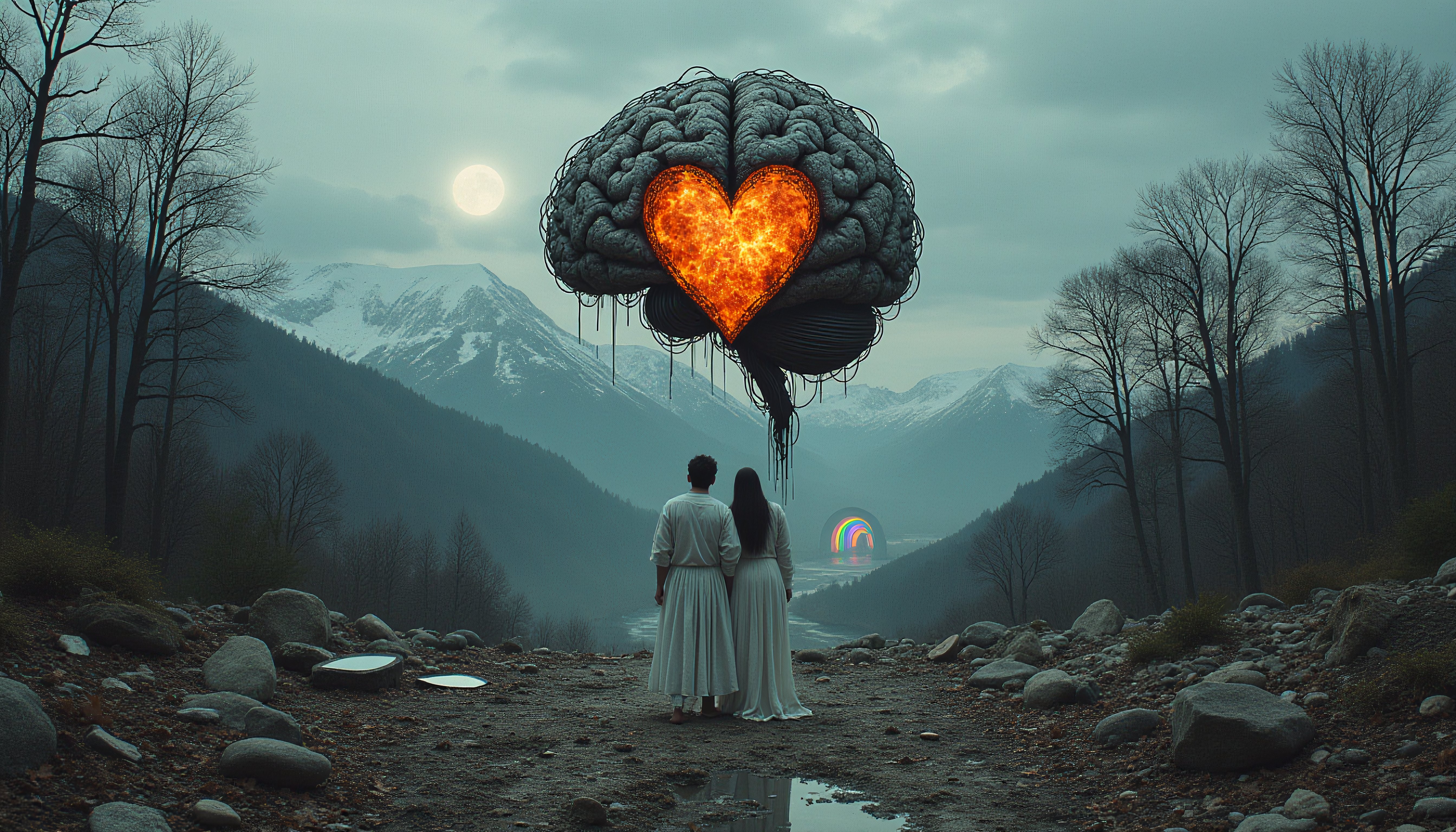 Surreal Mountain Landscape with Giant Brain Heart Balloon and Figures