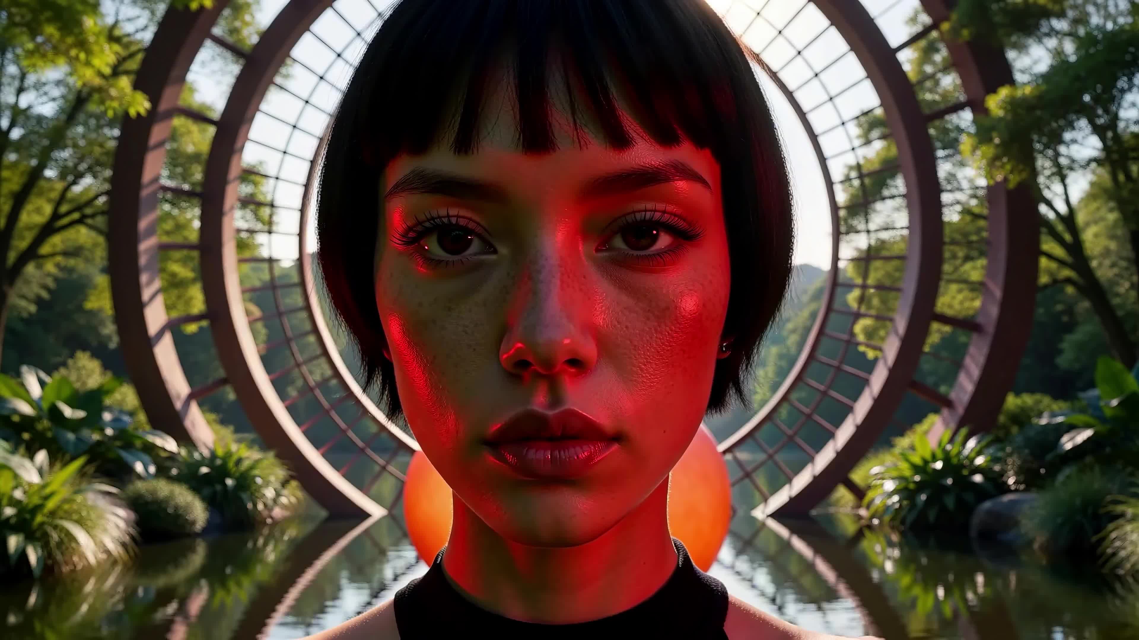 4K Video - Ethereal young woman surrounded by swirling neon lights amidst enchanted forest landscape.