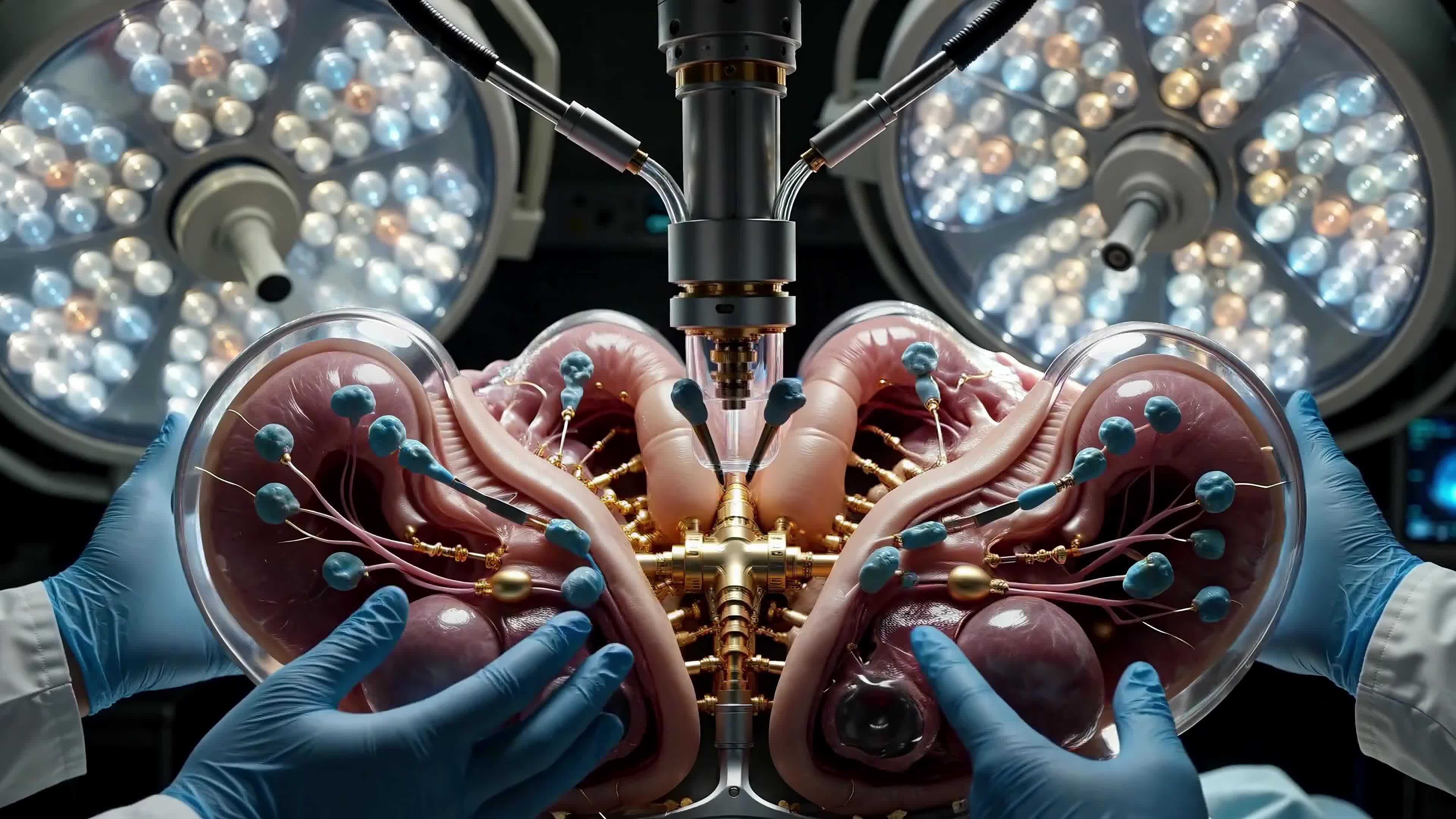 4K Video - Surgeons perform high-tech fusion surgery blending biological organs with advanced machinery under bright surgical lighting.