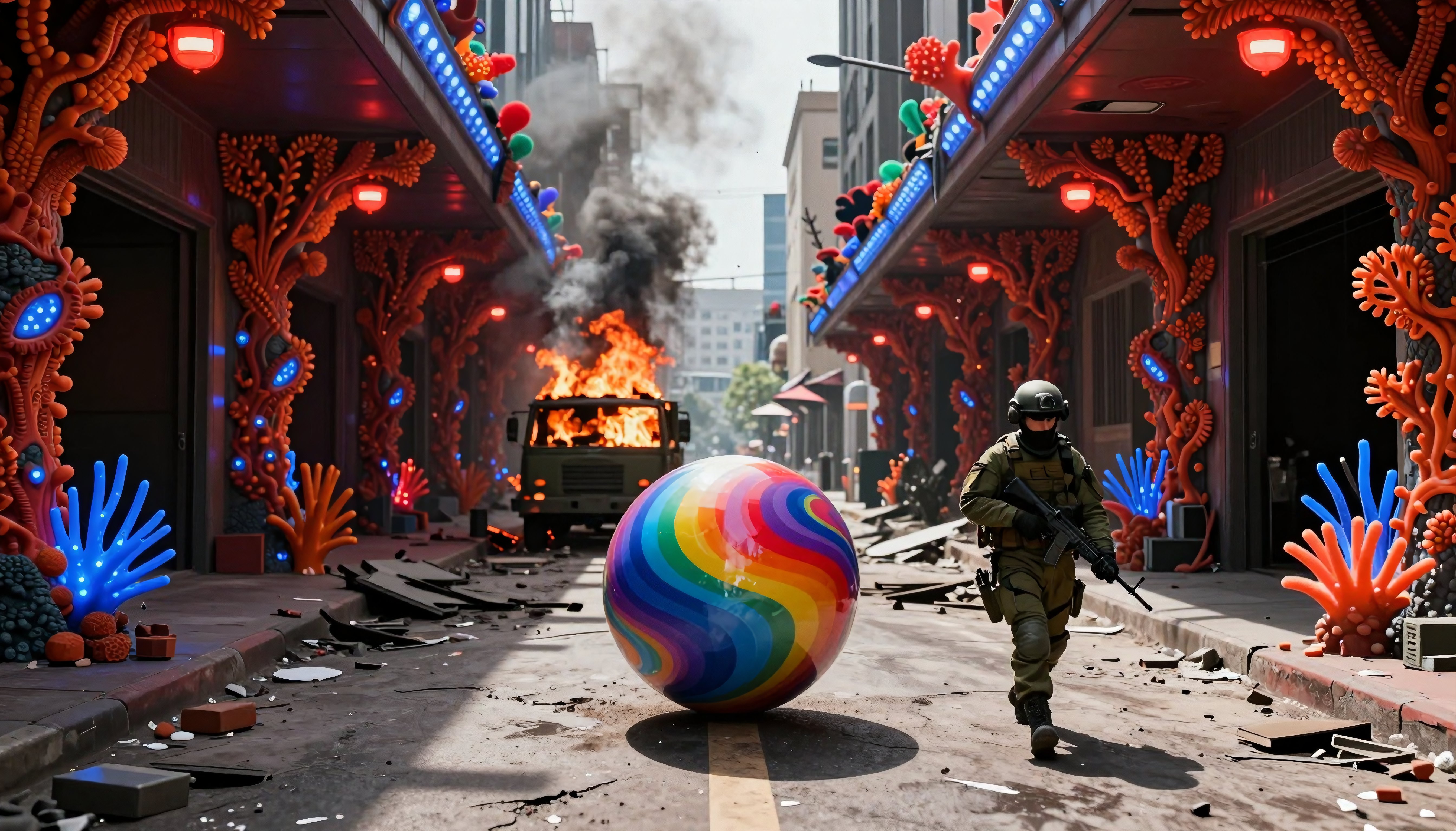 Surreal Urban Scene with Rainbow Sphere and Armed Figure Amidst Burning Vehicle