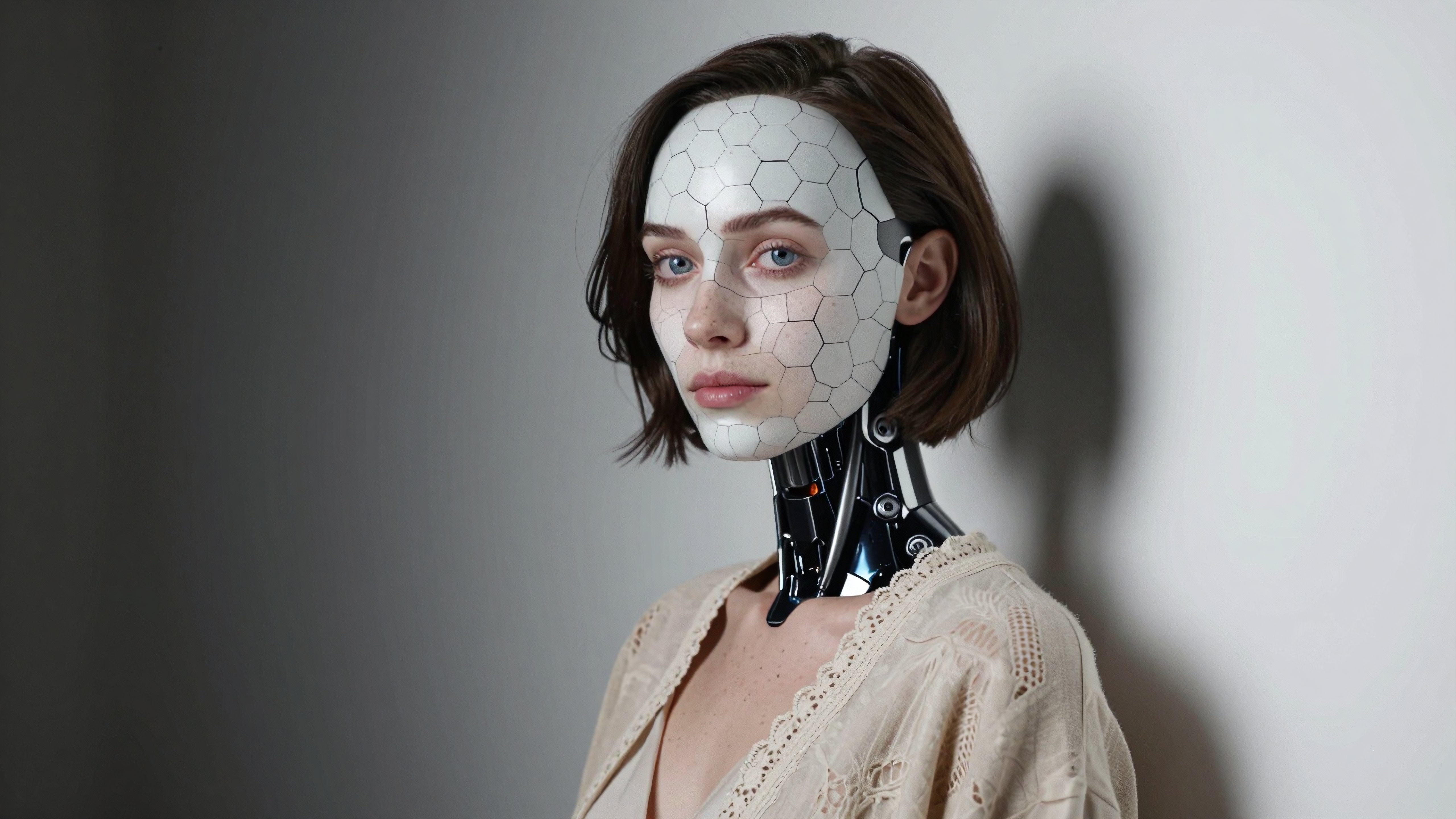 Cyborg Woman with Hexagonal Face and Mechanical Neck