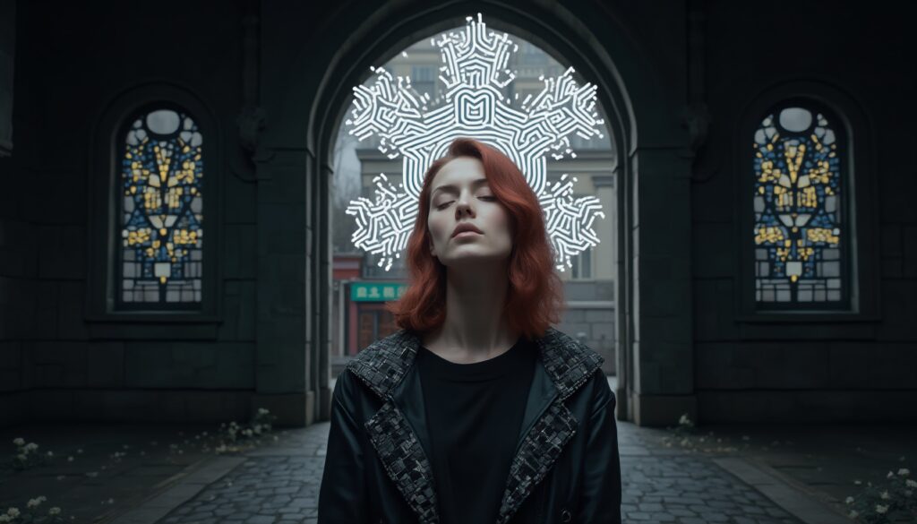 Red-Haired Woman Before Illuminated Archway and Windows