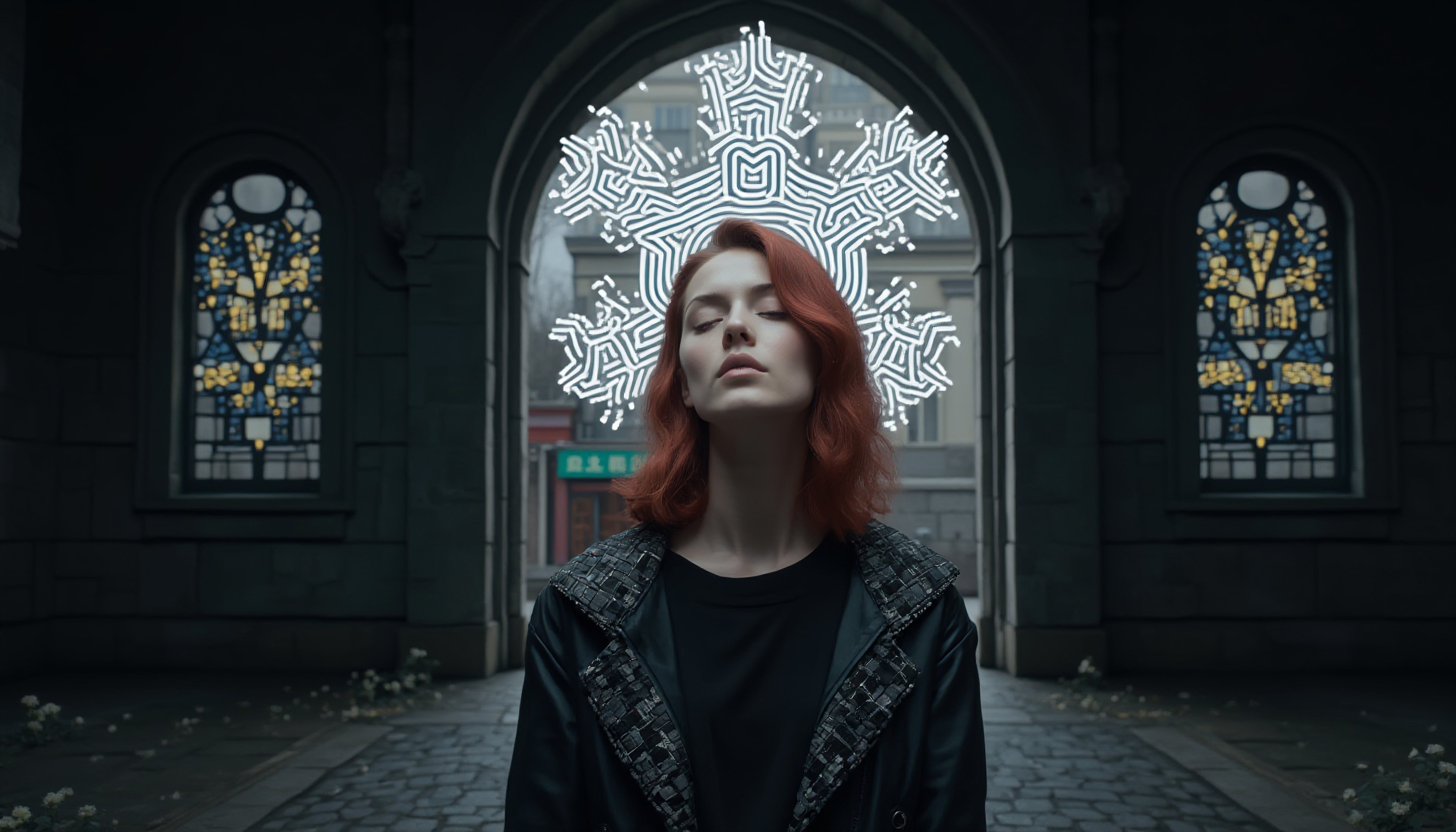 Red-Haired Woman Before Illuminated Archway and Stained Glass Windows