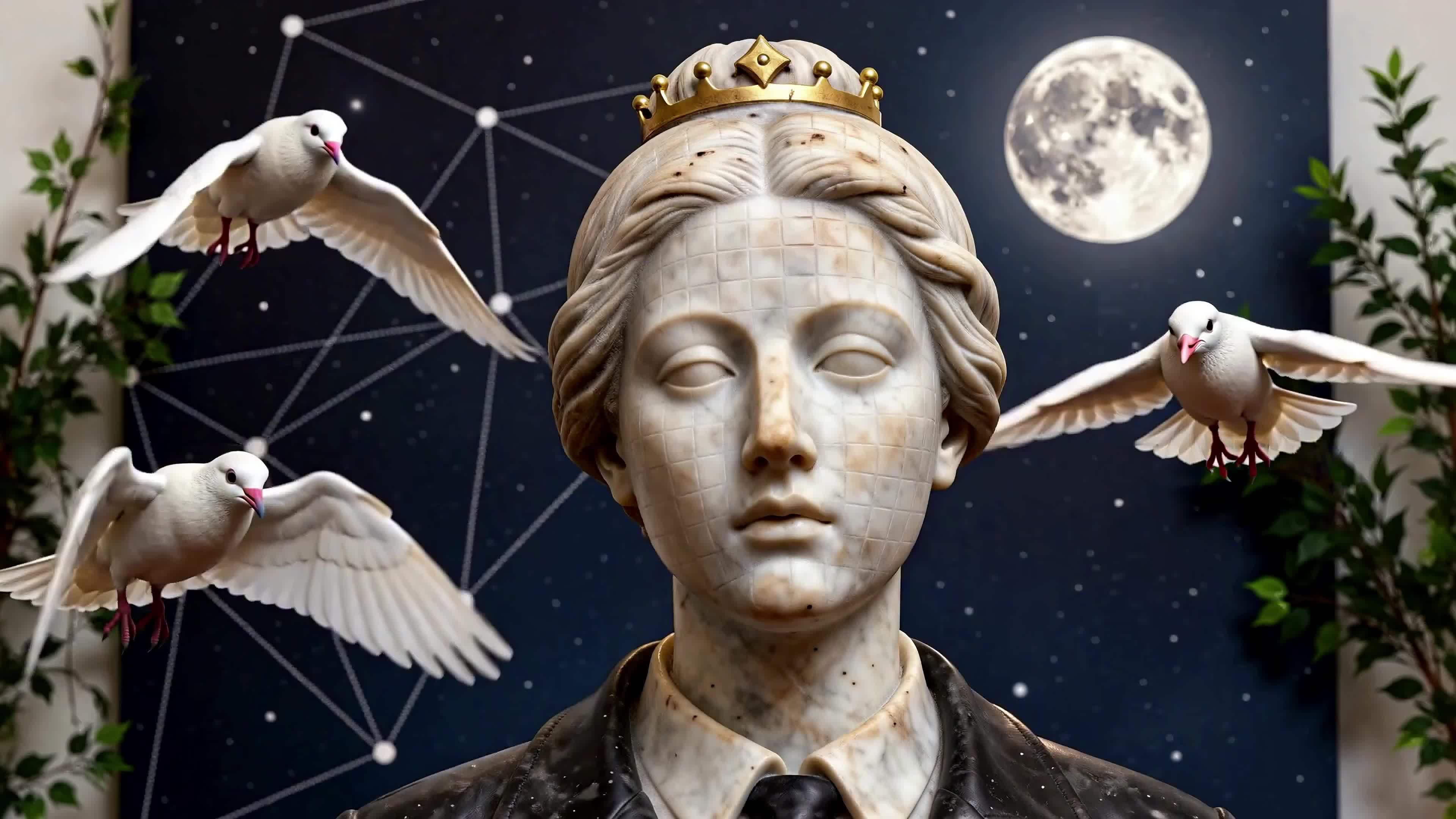4K Video - A regal marble bust crowned with gold, surrounded by four soaring white doves under a starry sky with a large moon — evoking serenity, mysticism, and eternal grace.