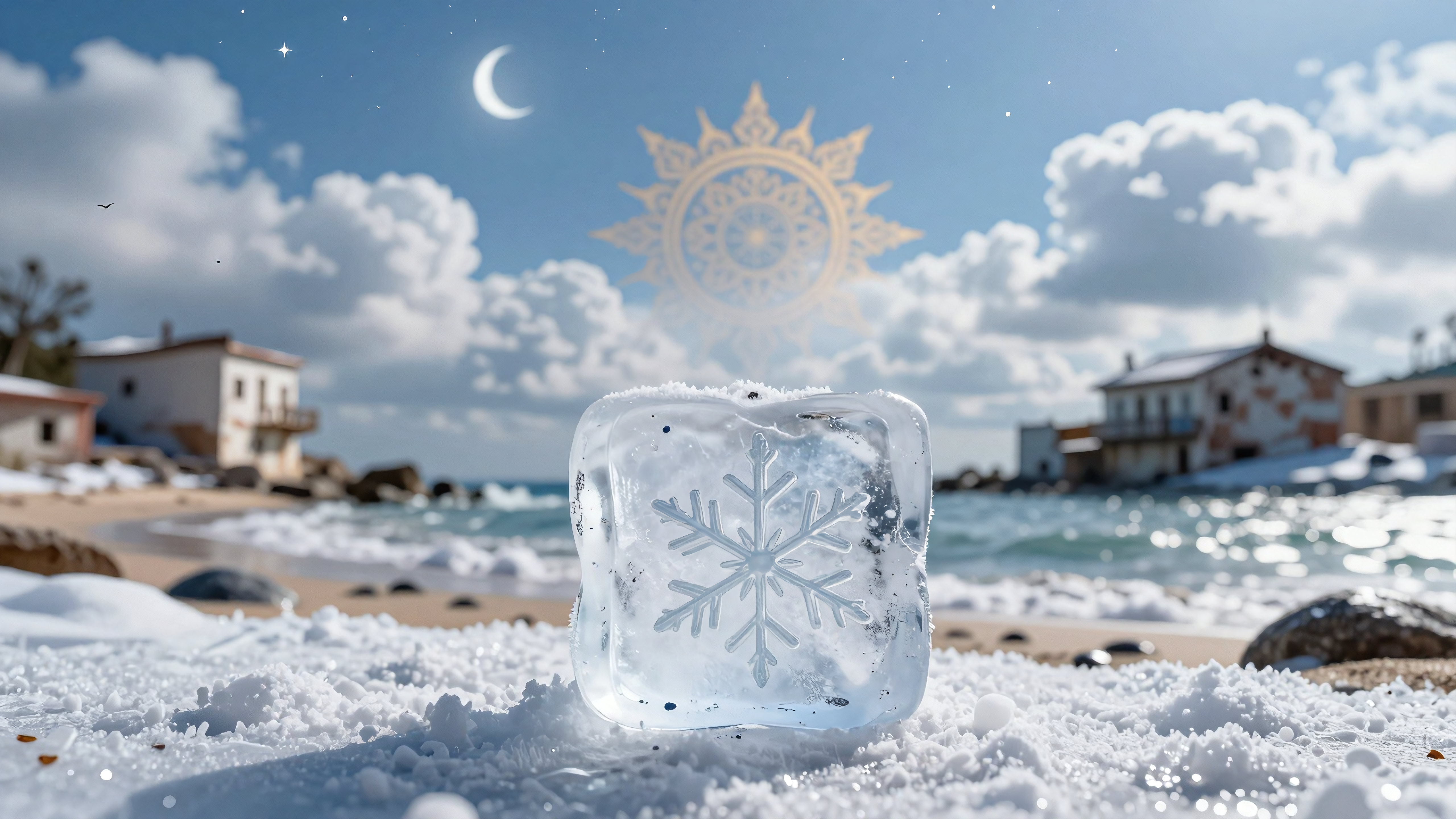 Frosty Ice Cube with Snowflake on a Beach Under Celestial Sky