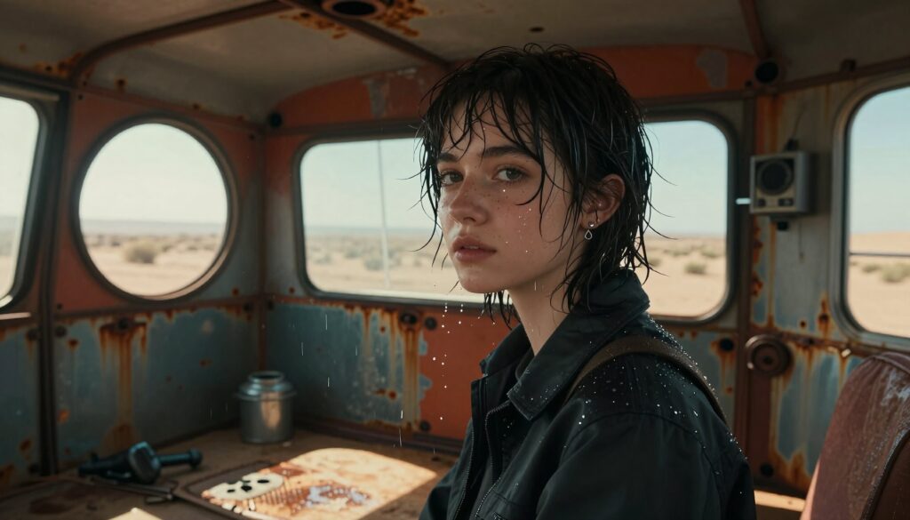 Wet-Haired Woman in Rusty Bus Interior