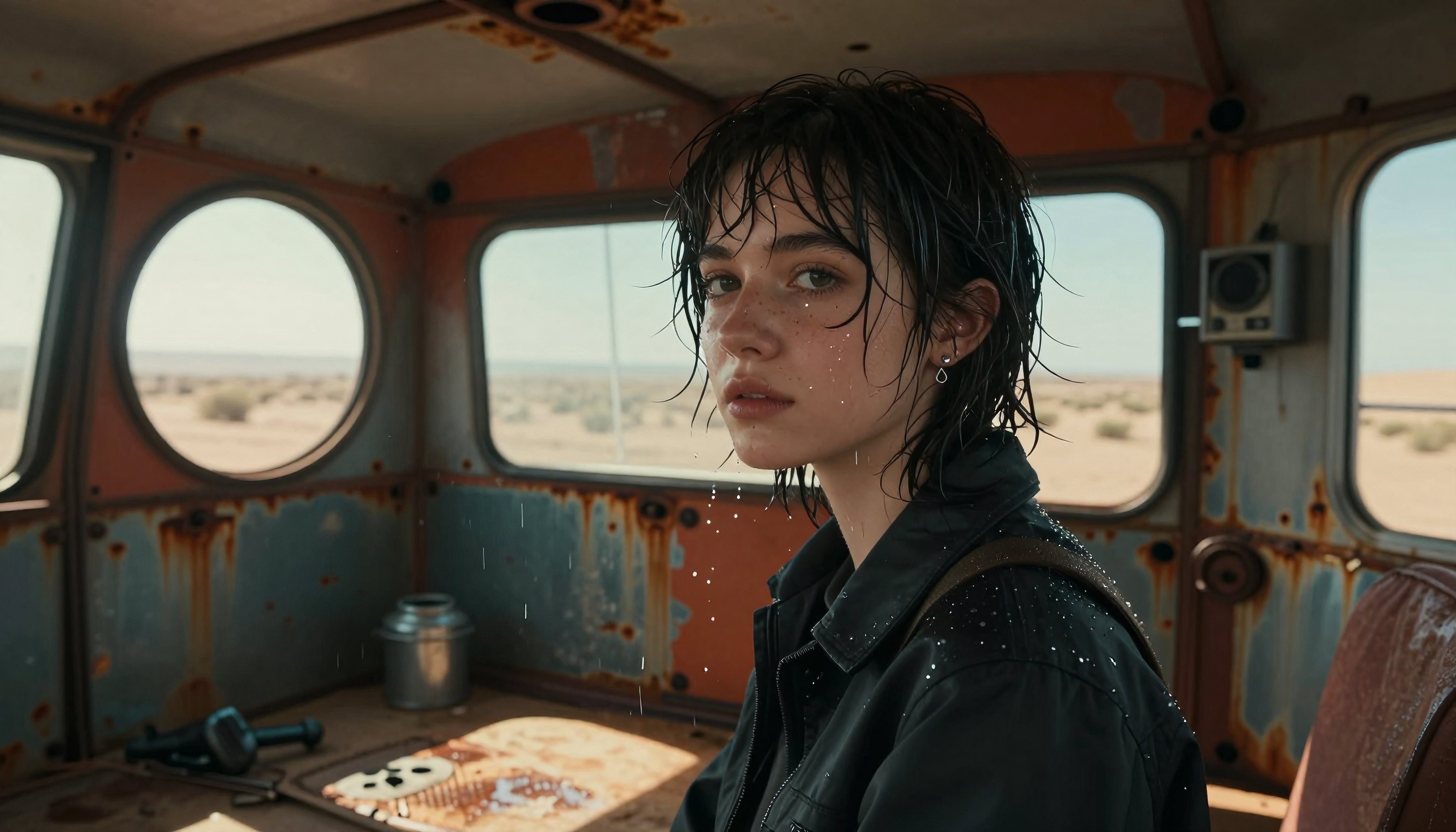Wet-Haired Woman in Rusty Bus Interior