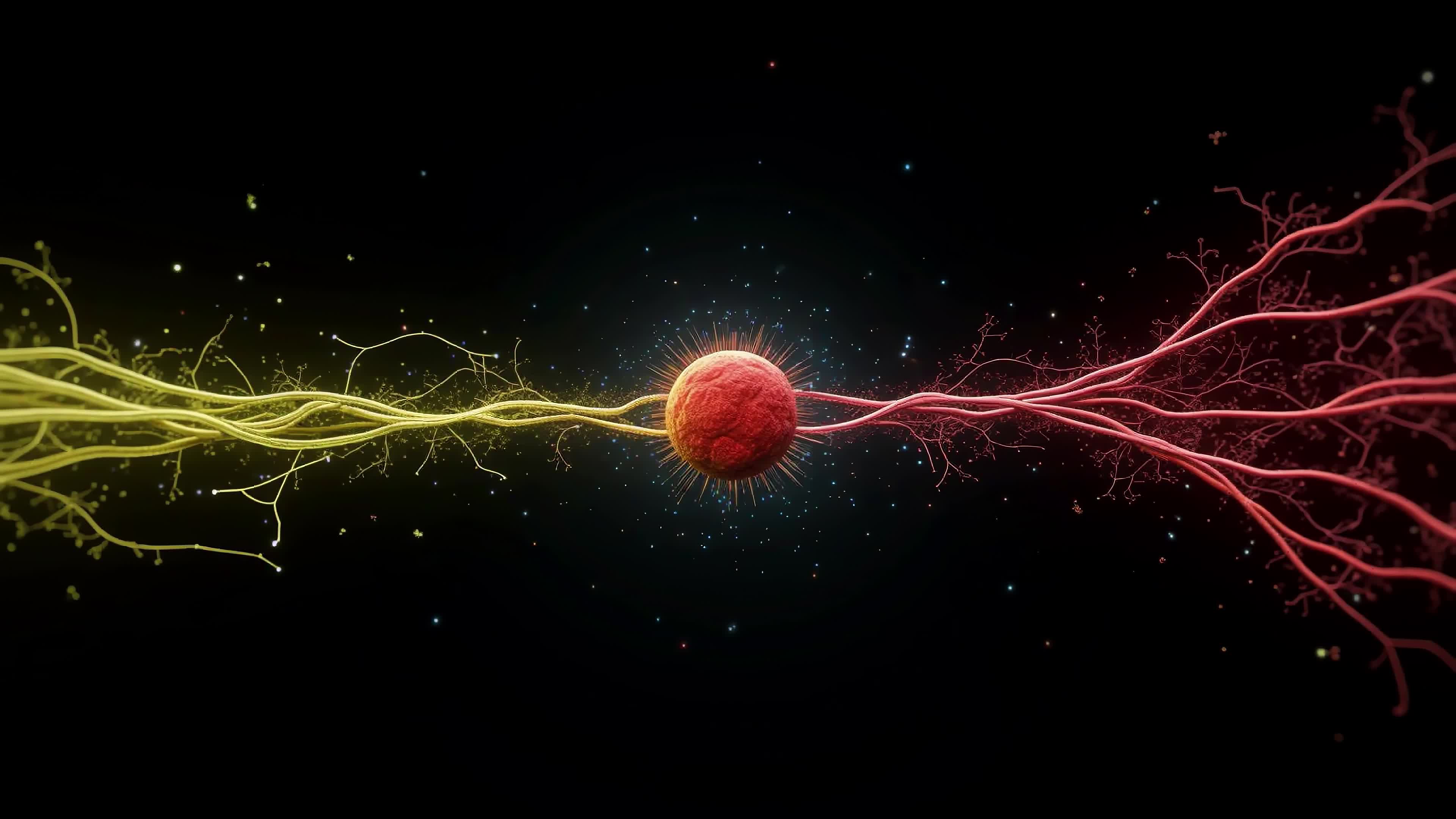 4K Video - Glowing cosmic orbs connected by vibrant energy tendrils swirling among stars in surreal abstract universe visualization.